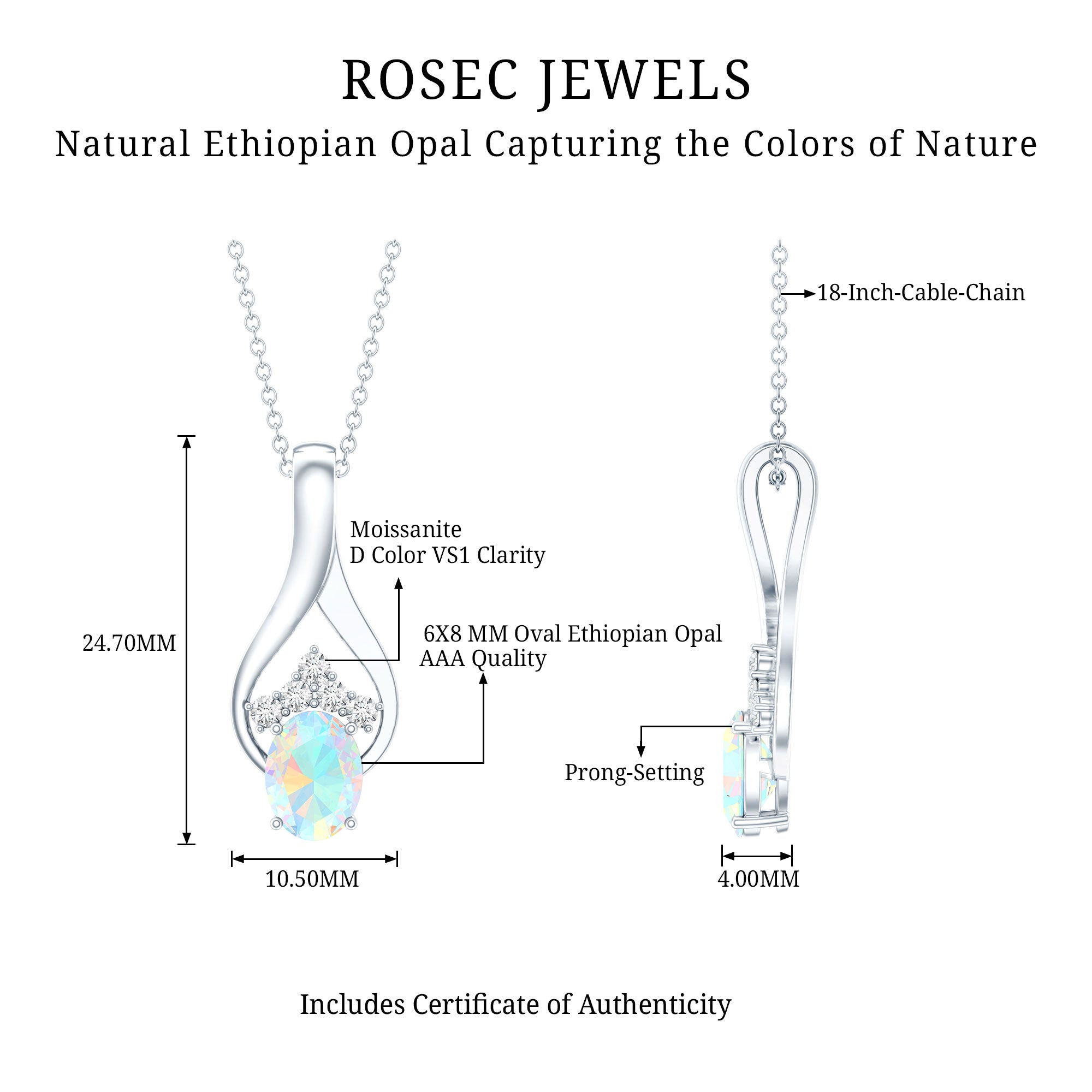 1.2 Carat Oval Ethiopian Opal Teardrop Pendant in Silver AAA 92.5 Sterling Silver - Rosec Jewels
