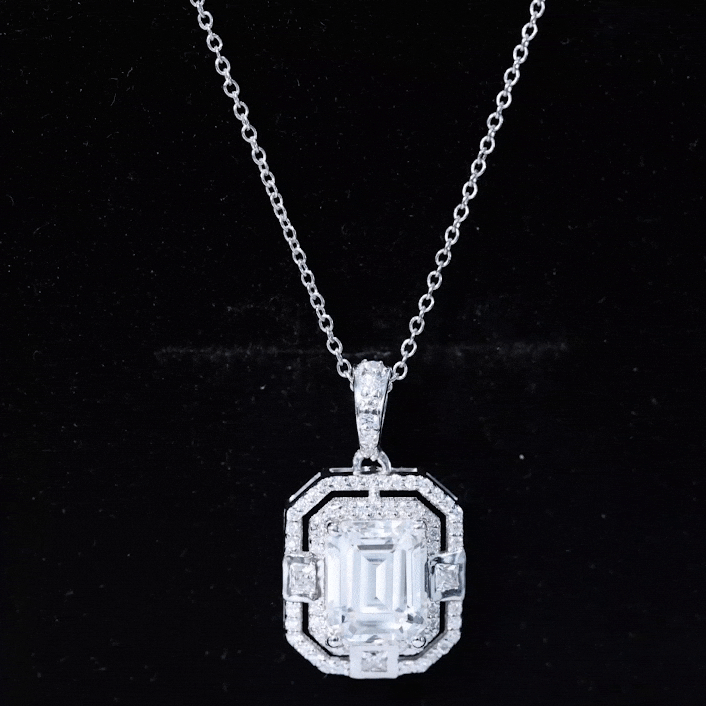 Vintage Style Emerald Cut Moissanite Halo Pendant Necklace D-VS1 - Rosec Jewels