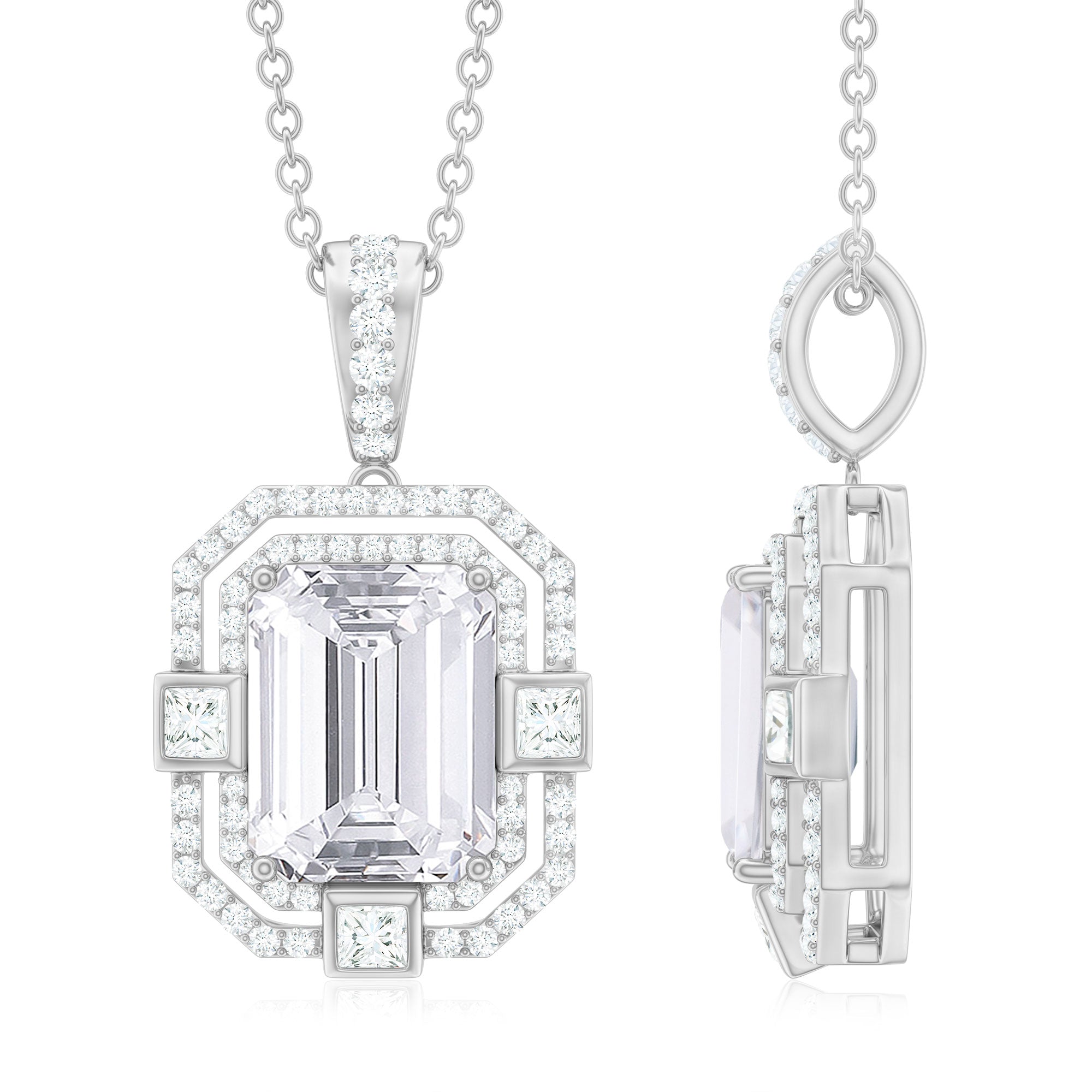 Vintage Style Emerald Cut Moissanite Halo Pendant Necklace D-VS1 - Rosec Jewels