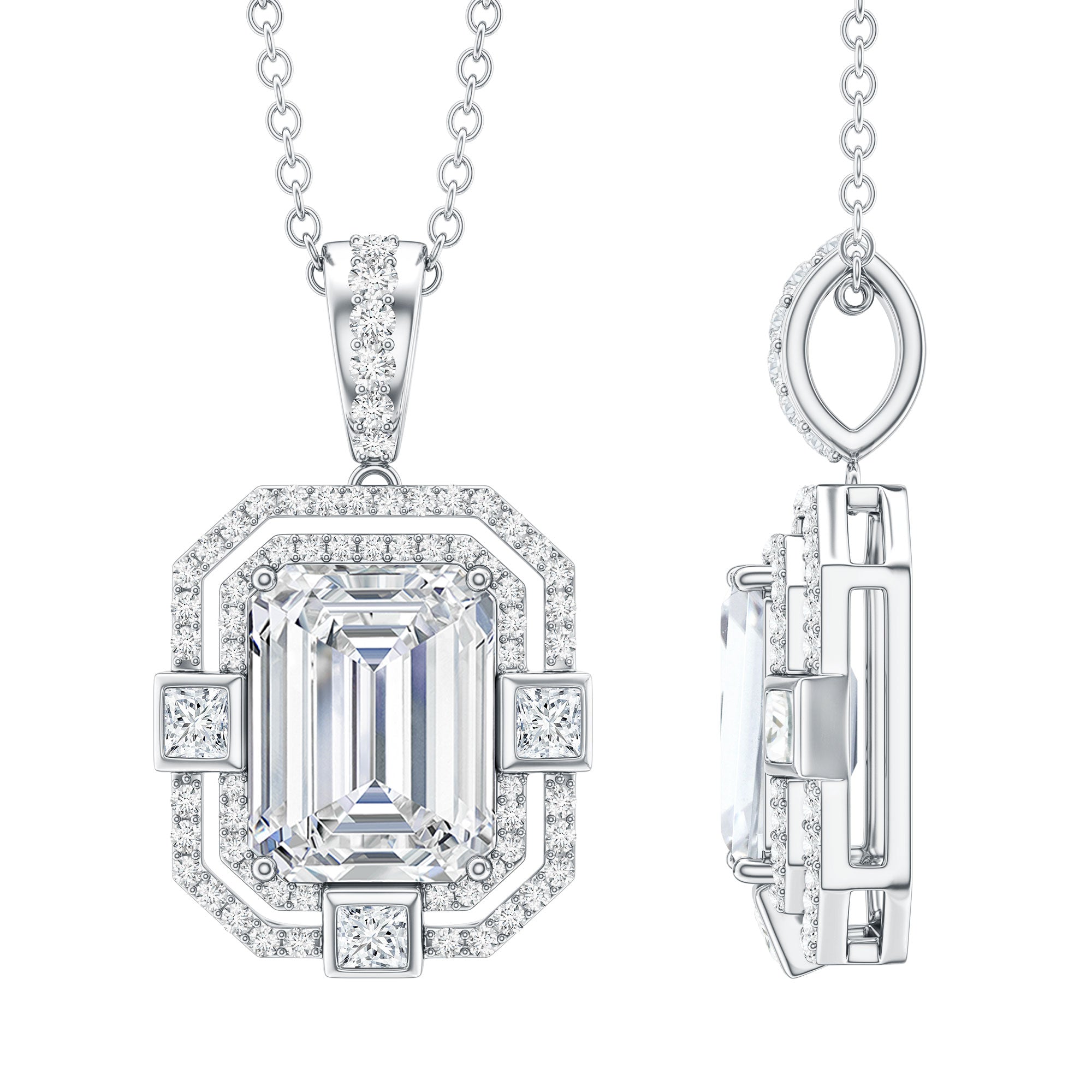 Vintage Style Emerald Cut Moissanite Halo Pendant Necklace D-VS1 - Rosec Jewels