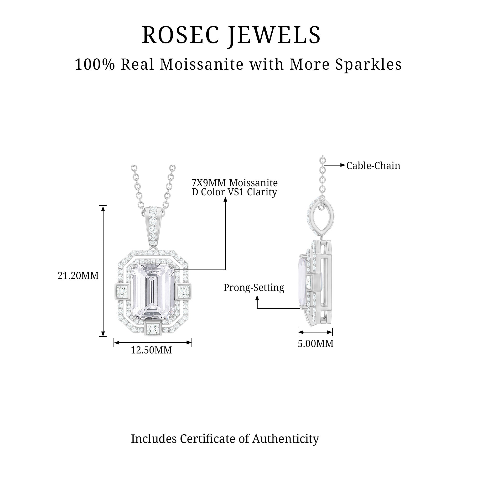 Vintage Style Emerald Cut Moissanite Halo Pendant Necklace D-VS1 - Rosec Jewels