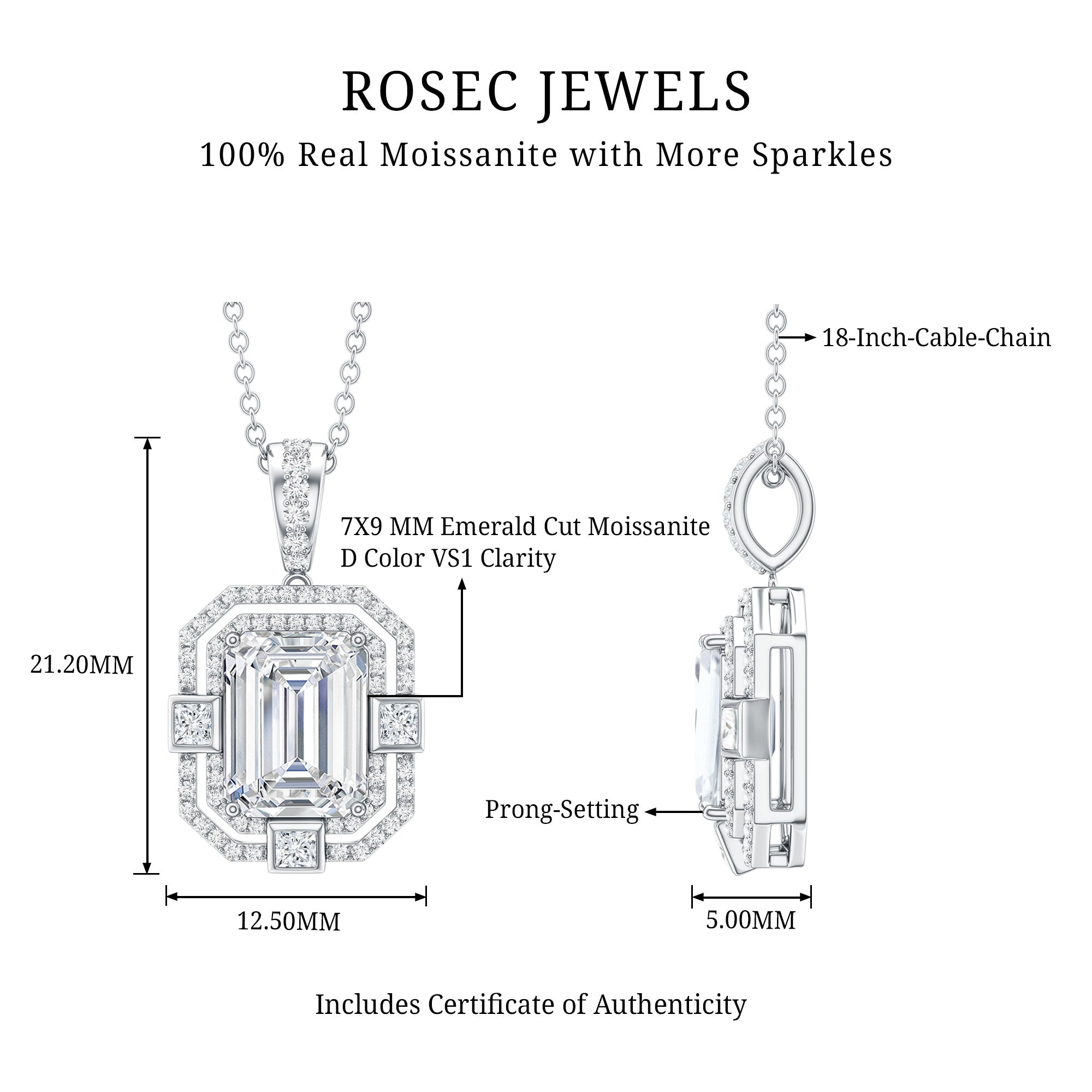 Vintage Style Emerald Cut Moissanite Halo Pendant Necklace D-VS1 - Rosec Jewels