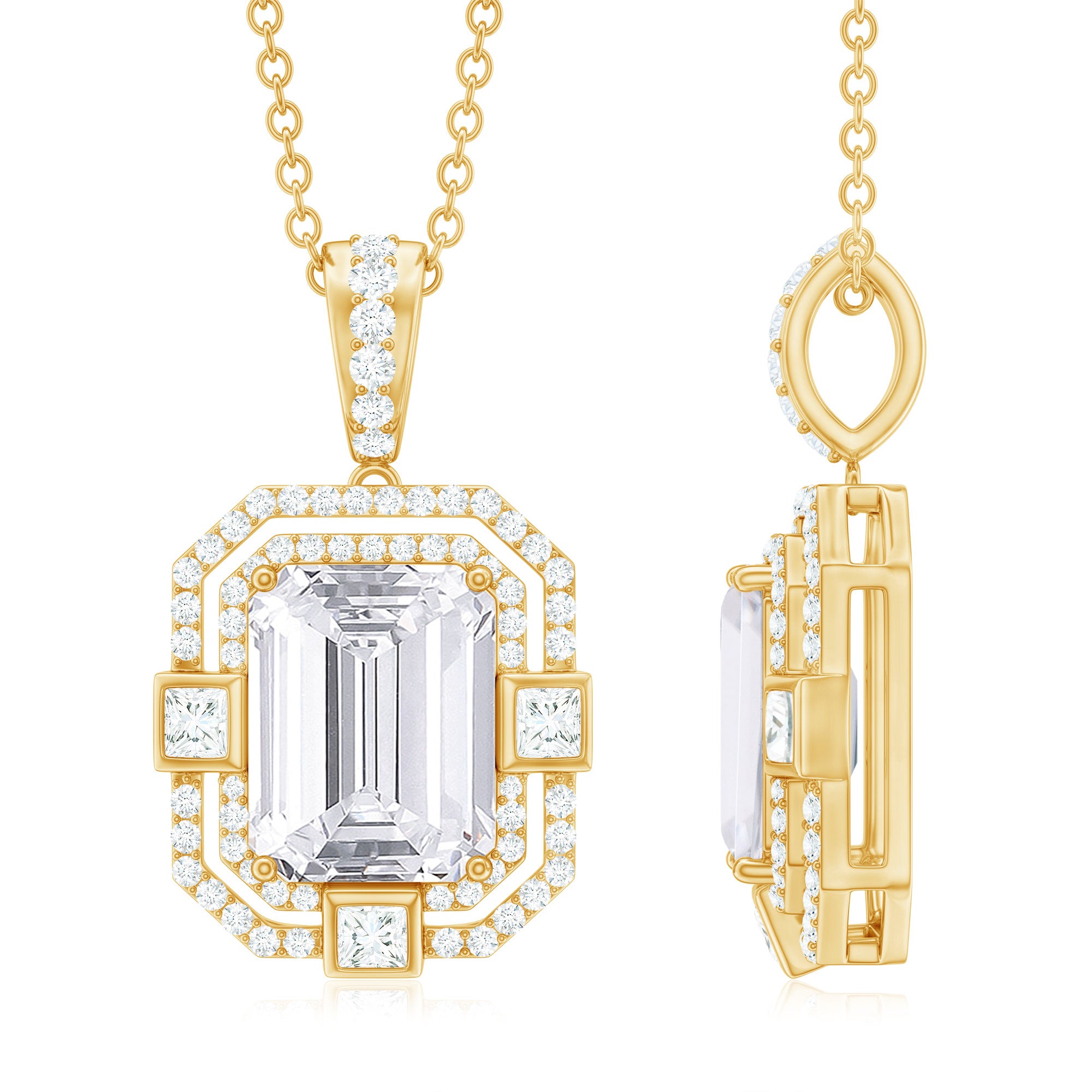 Vintage Style Emerald Cut Moissanite Halo Pendant Necklace D-VS1 - Rosec Jewels