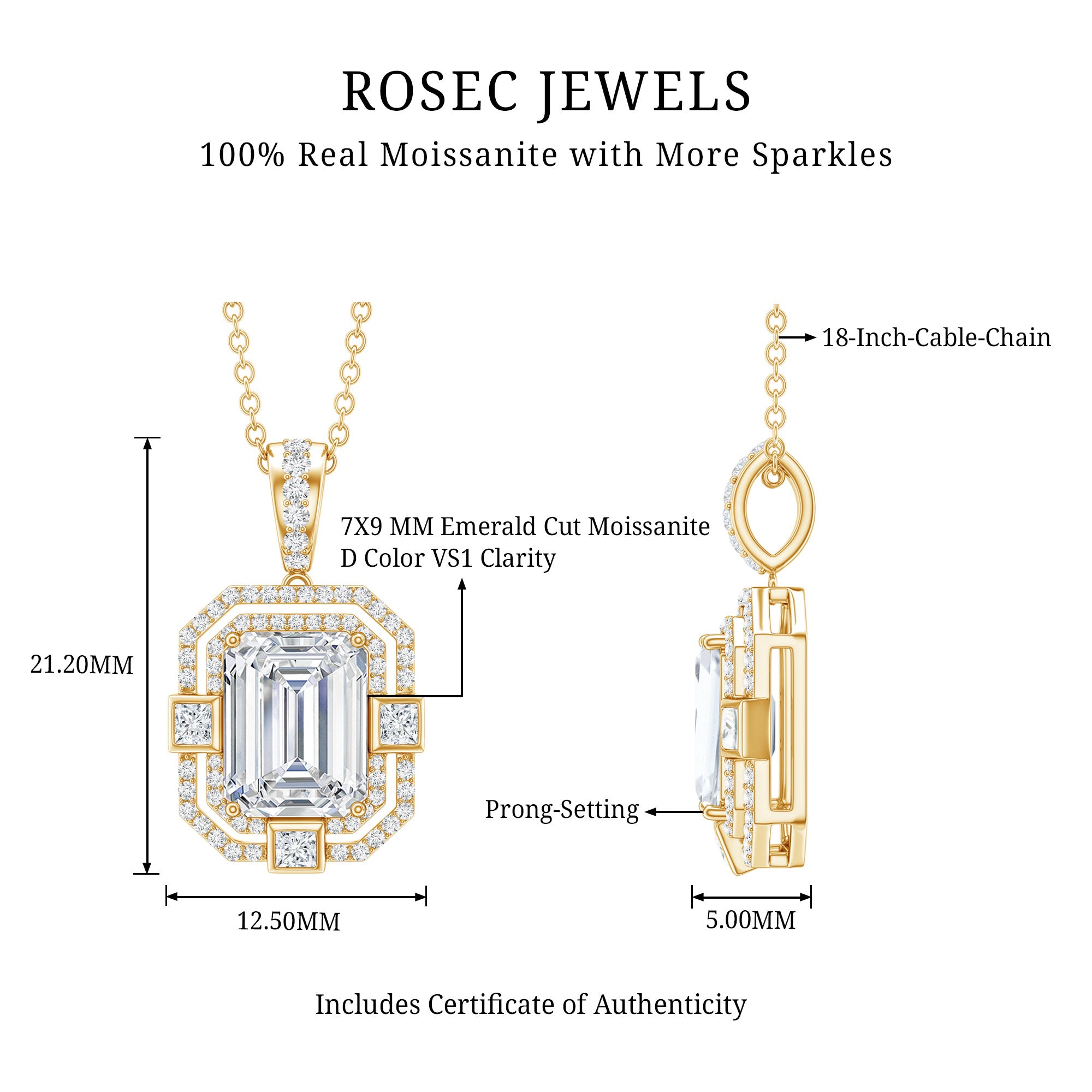 Vintage Style Emerald Cut Moissanite Halo Pendant Necklace D-VS1 - Rosec Jewels