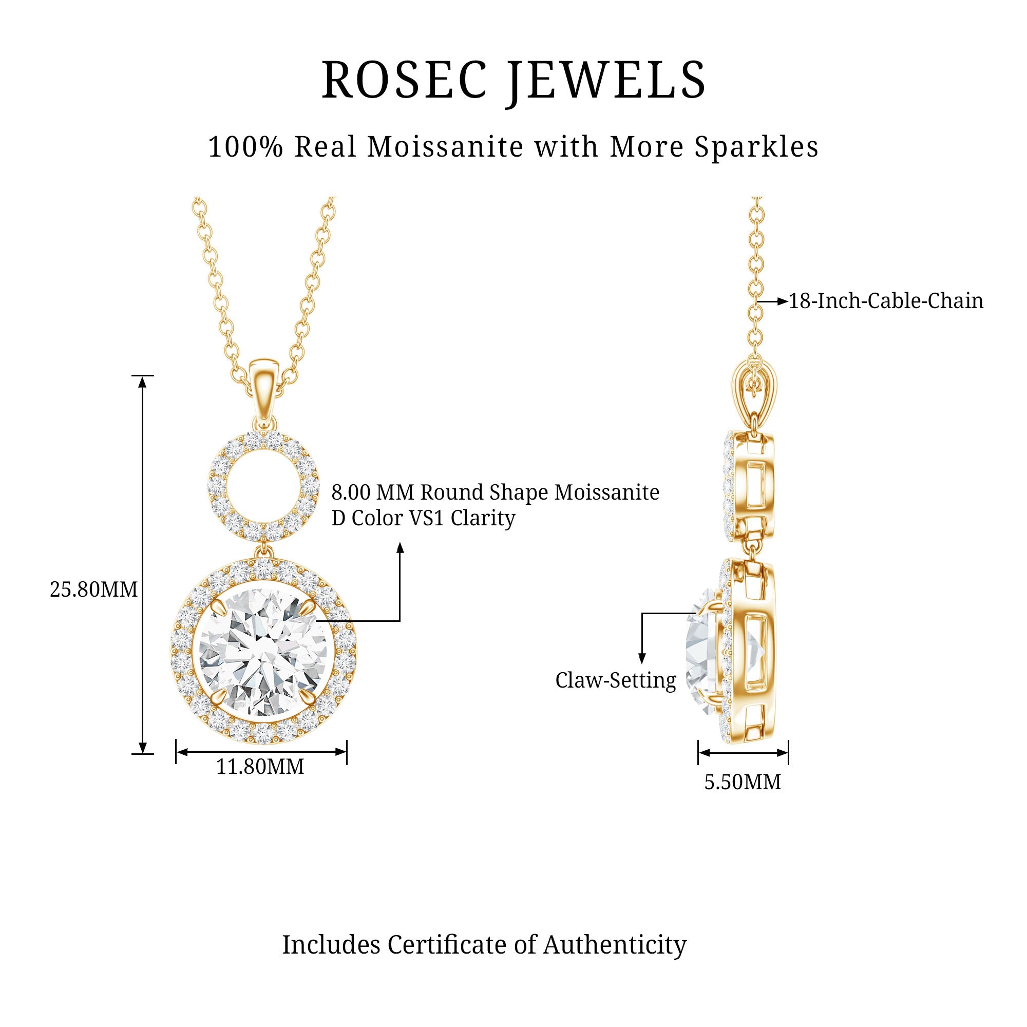 2 Carat Round Moissanite Wedding Dangle Necklace with Halo D-VS1 - Rosec Jewels