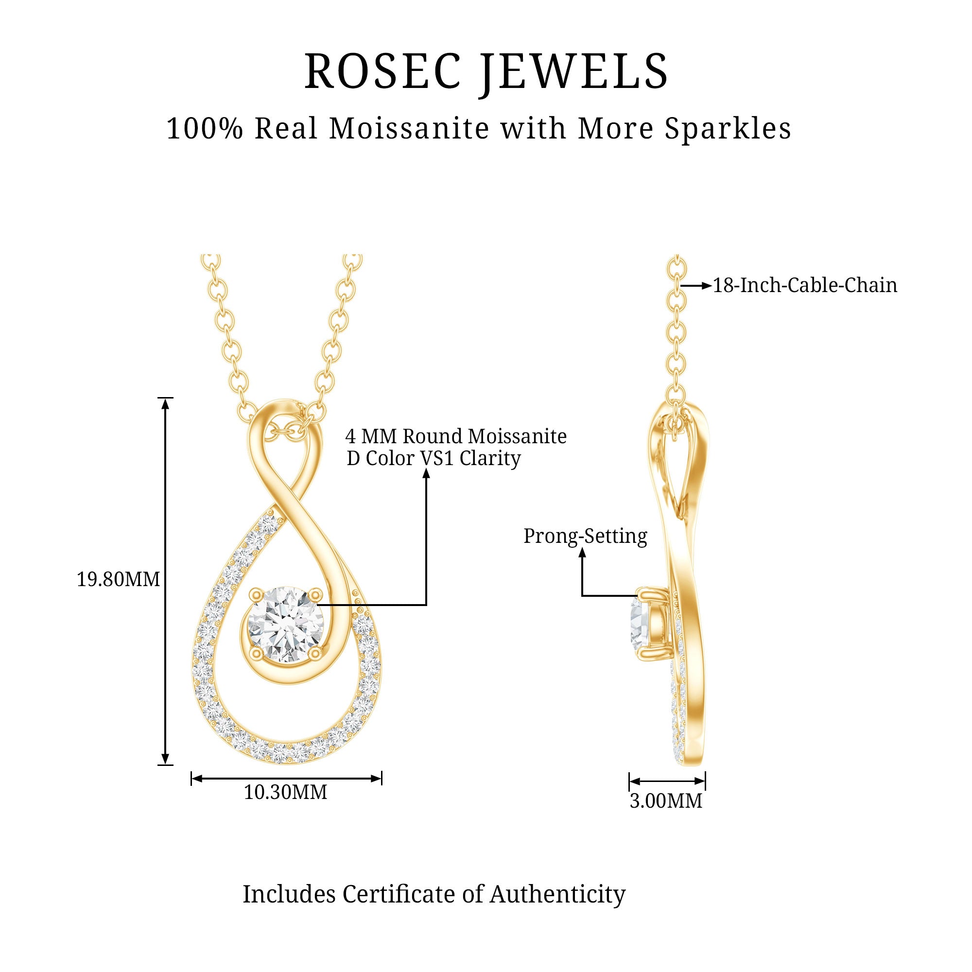 Certified Moissanite Infinity Pendant Necklace for Women D-VS1 - Rosec Jewels