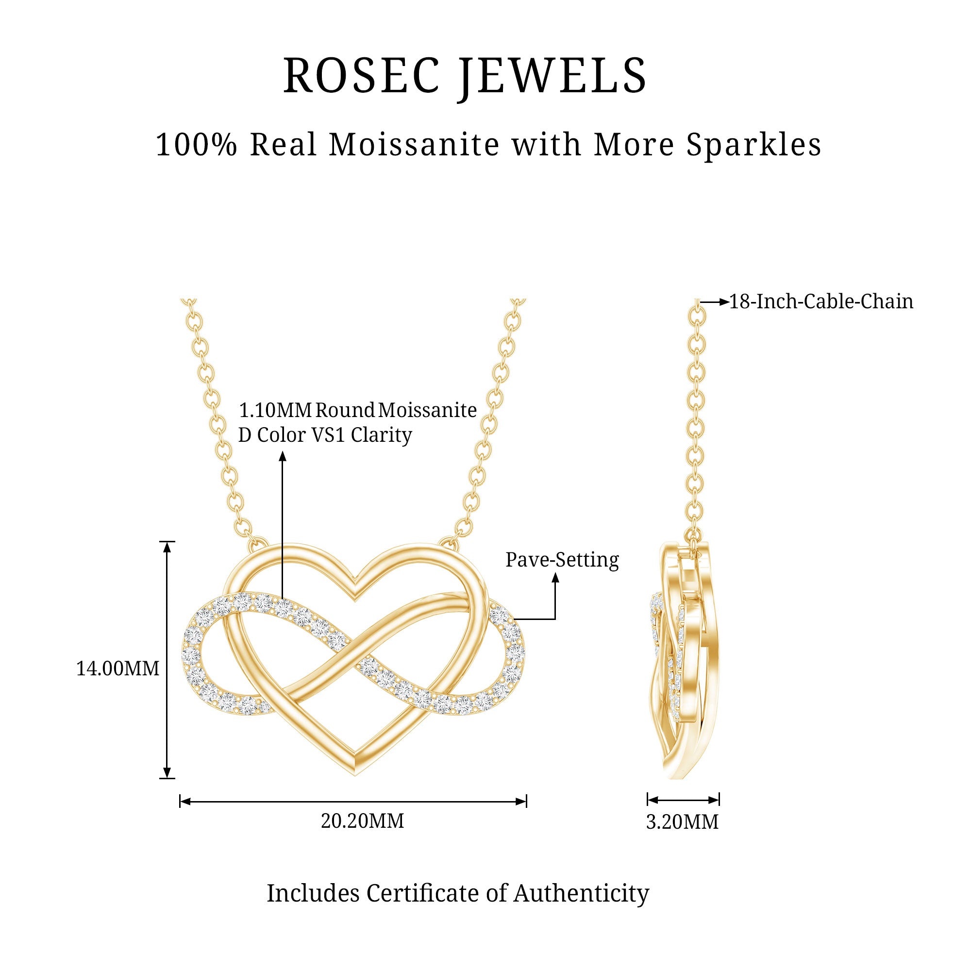 Certified Moissanite Infinity Heart Necklace D-VS1 - Rosec Jewels