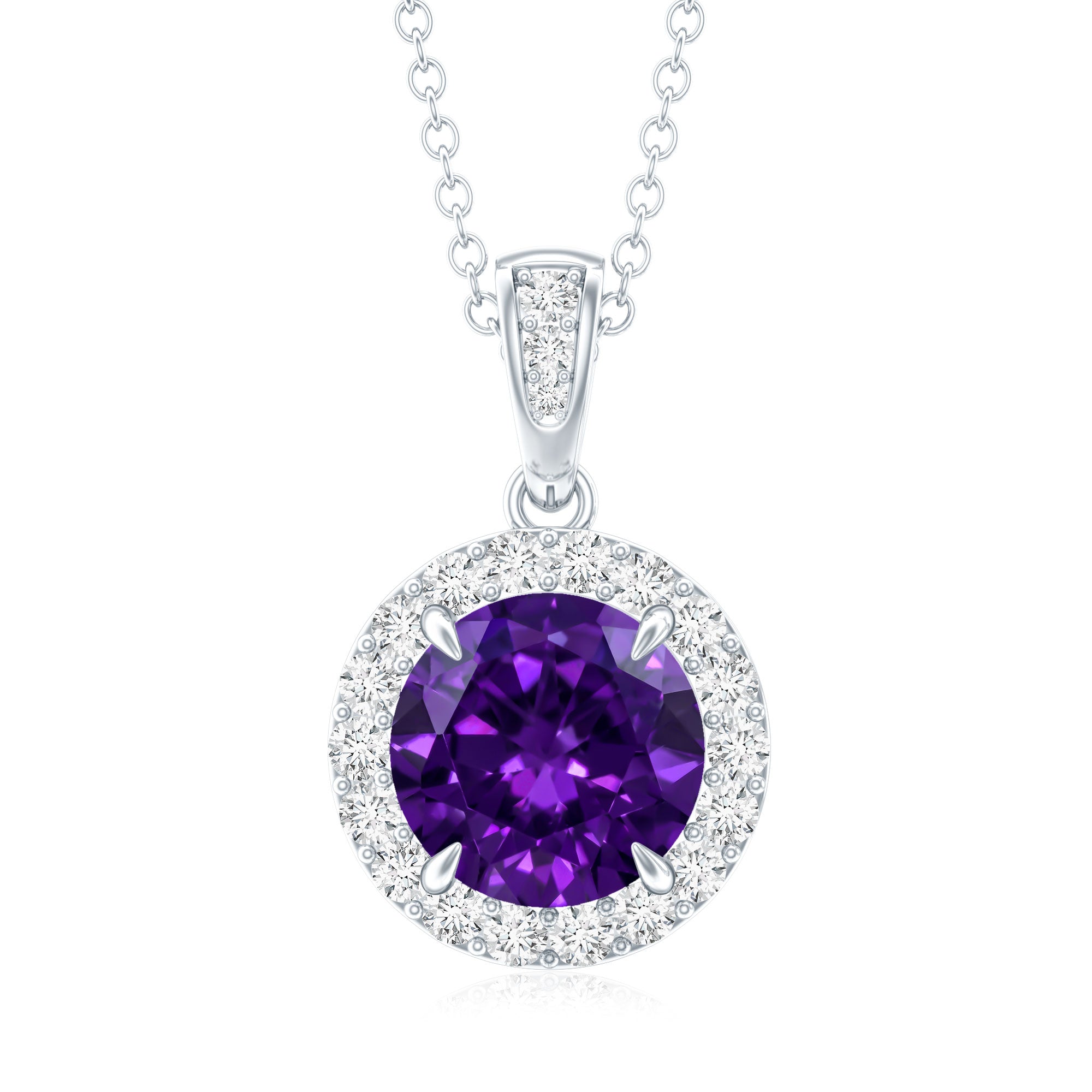 Natural 2 Carat Amethyst Pendant Necklace with Diamond Halo AAA - Rosec Jewels