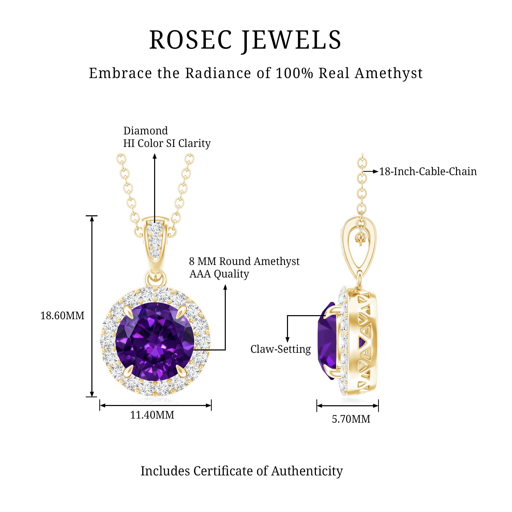 Natural 2 Carat Amethyst Pendant Necklace with Diamond Halo AAA - Rosec Jewels