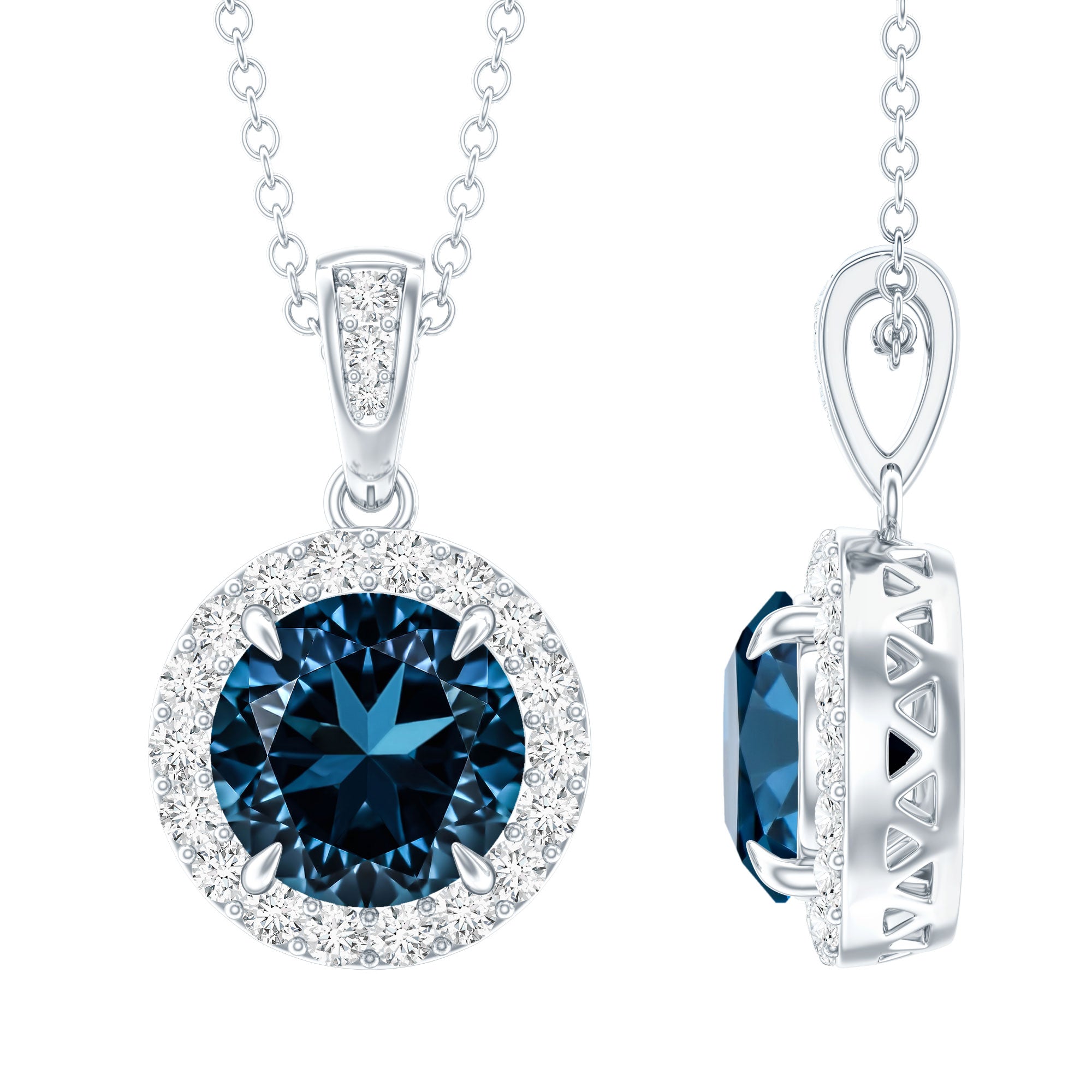 2 Carat London Blue Topaz Round Halo Pendant with Diamond AAA - Rosec Jewels