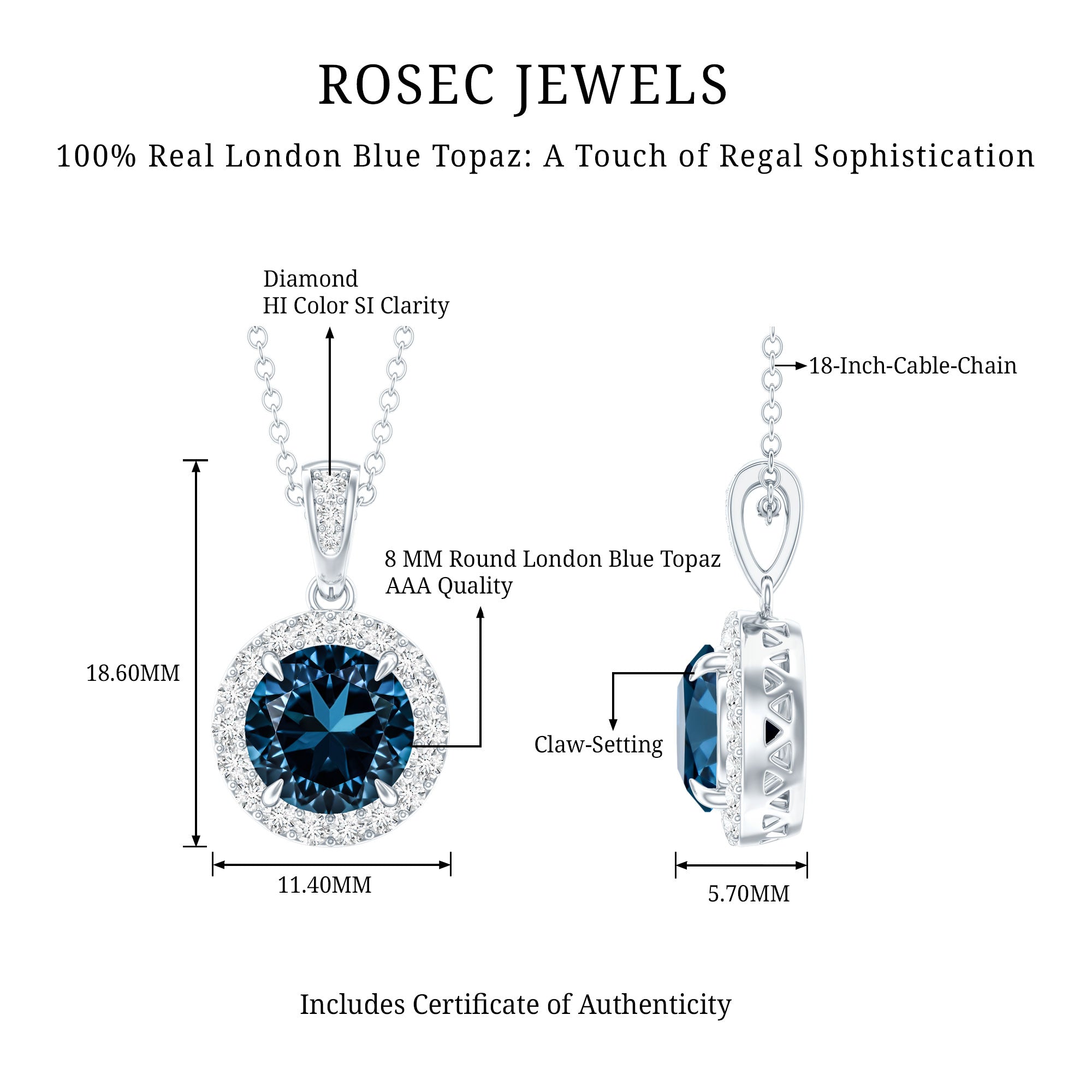 2 Carat London Blue Topaz Round Halo Pendant with Diamond AAA - Rosec Jewels