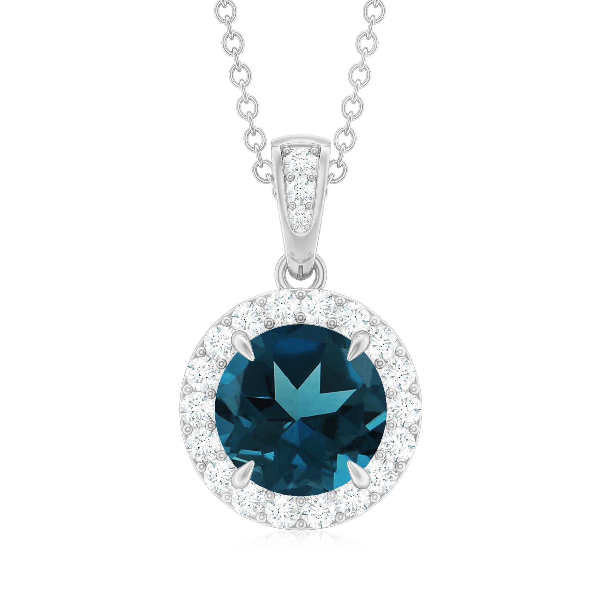 London Blue Topaz Round Halo Pendant with Diamond London Blue Topaz - ( AAA ) - Quality - Rosec Jewels