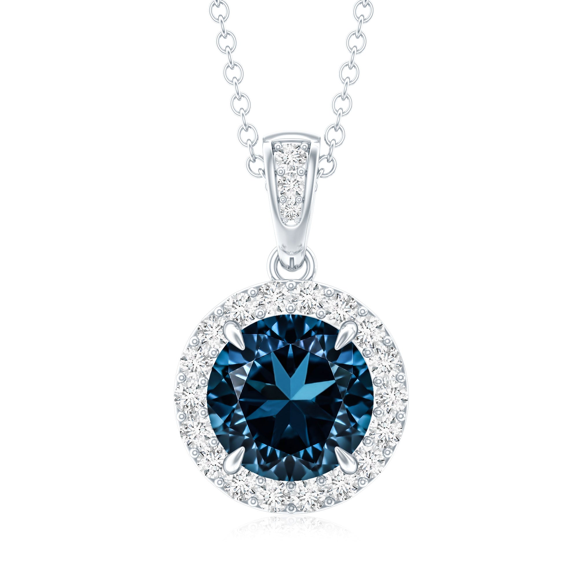 2 Carat London Blue Topaz Round Halo Pendant with Diamond AAA - Rosec Jewels
