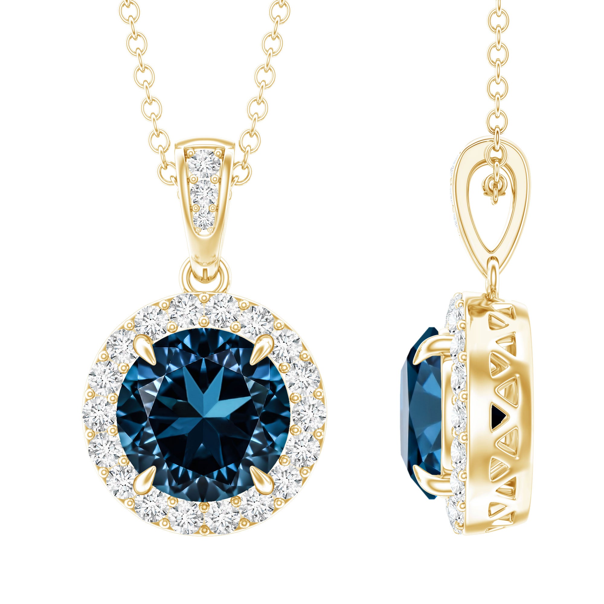2 Carat London Blue Topaz Round Halo Pendant with Diamond AAA - Rosec Jewels