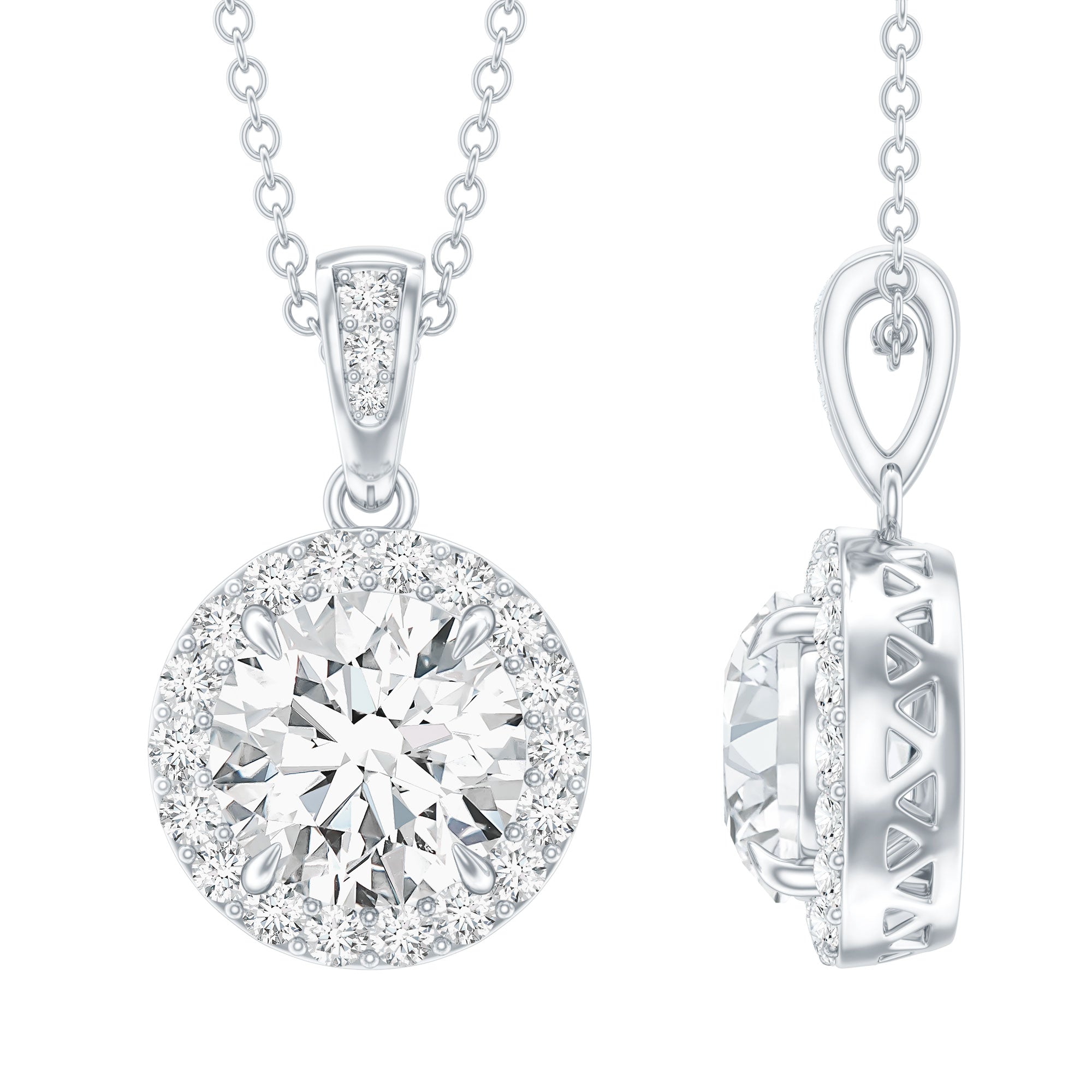 Round Moissanite Classic Halo Pendant Necklace D-VS1 - Rosec Jewels