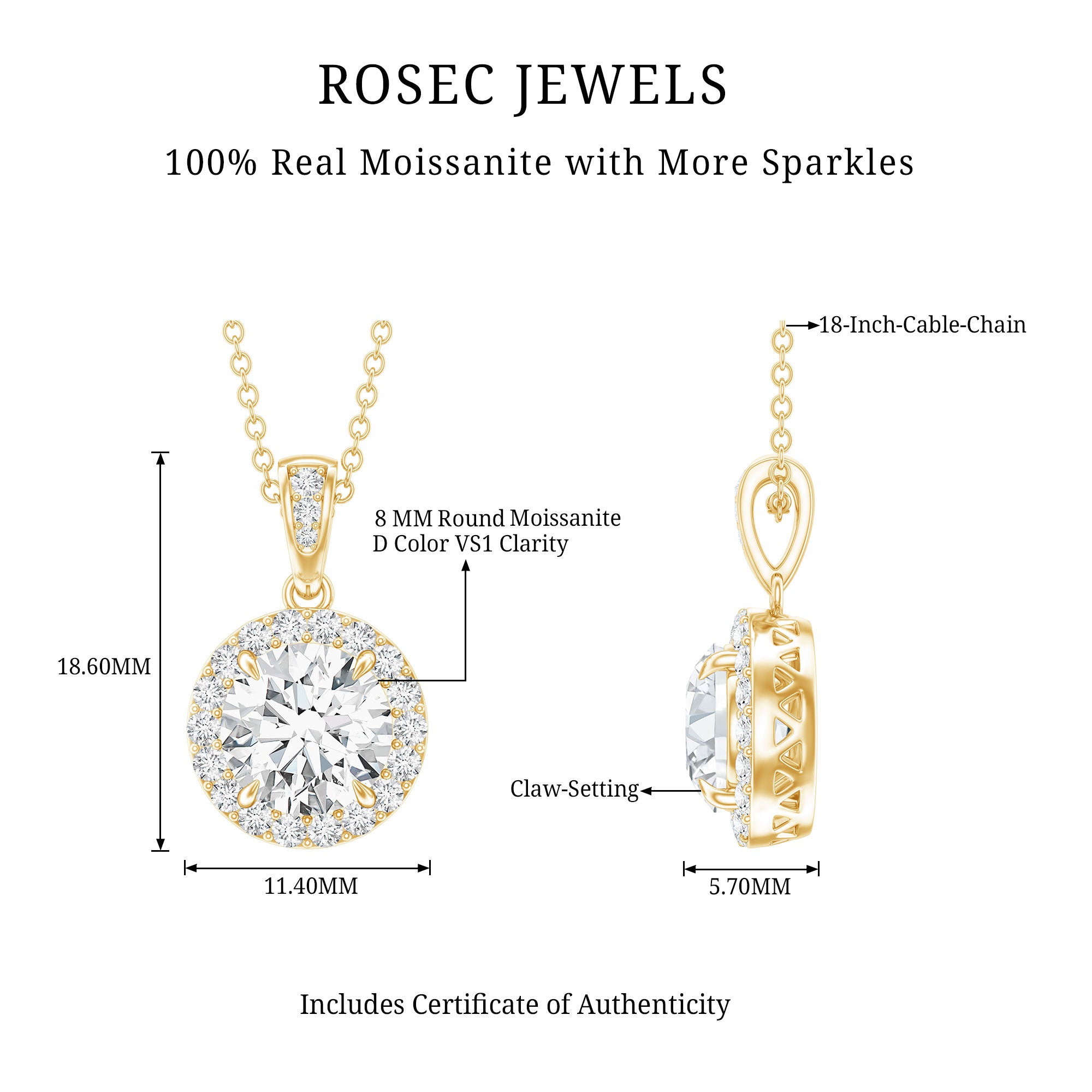 Round Moissanite Classic Halo Pendant Necklace D-VS1 - Rosec Jewels
