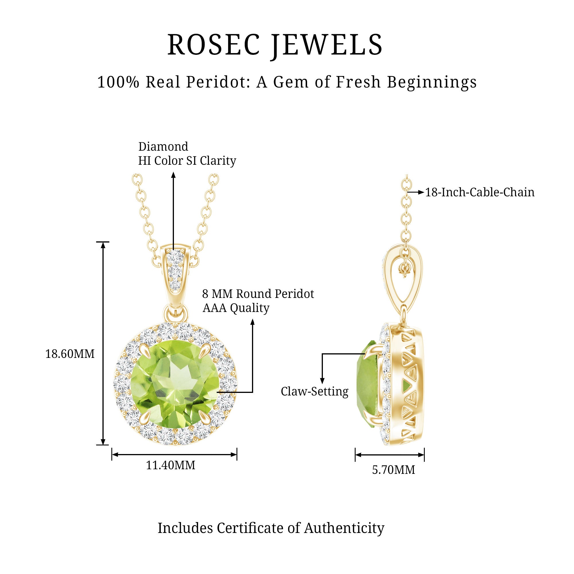 2 Carat Round Peridot and Diamond Halo Pendant Necklace AAA - Rosec Jewels