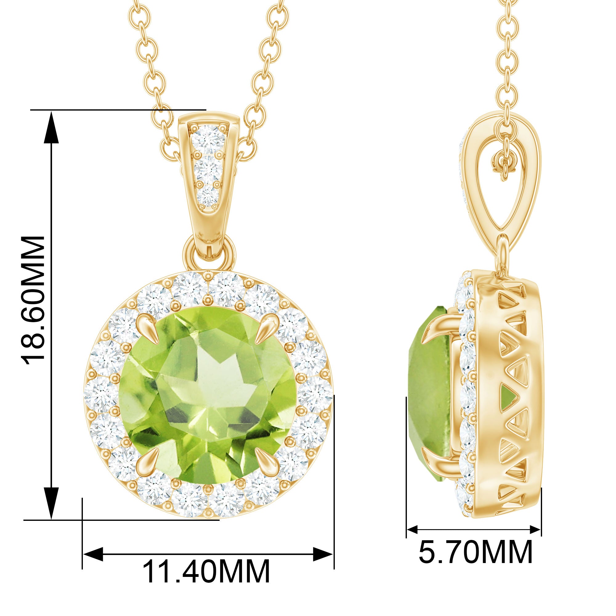 Claw Set Round Peridot Halo Pendant with Diamond Peridot - ( AAA ) - Quality - Rosec Jewels