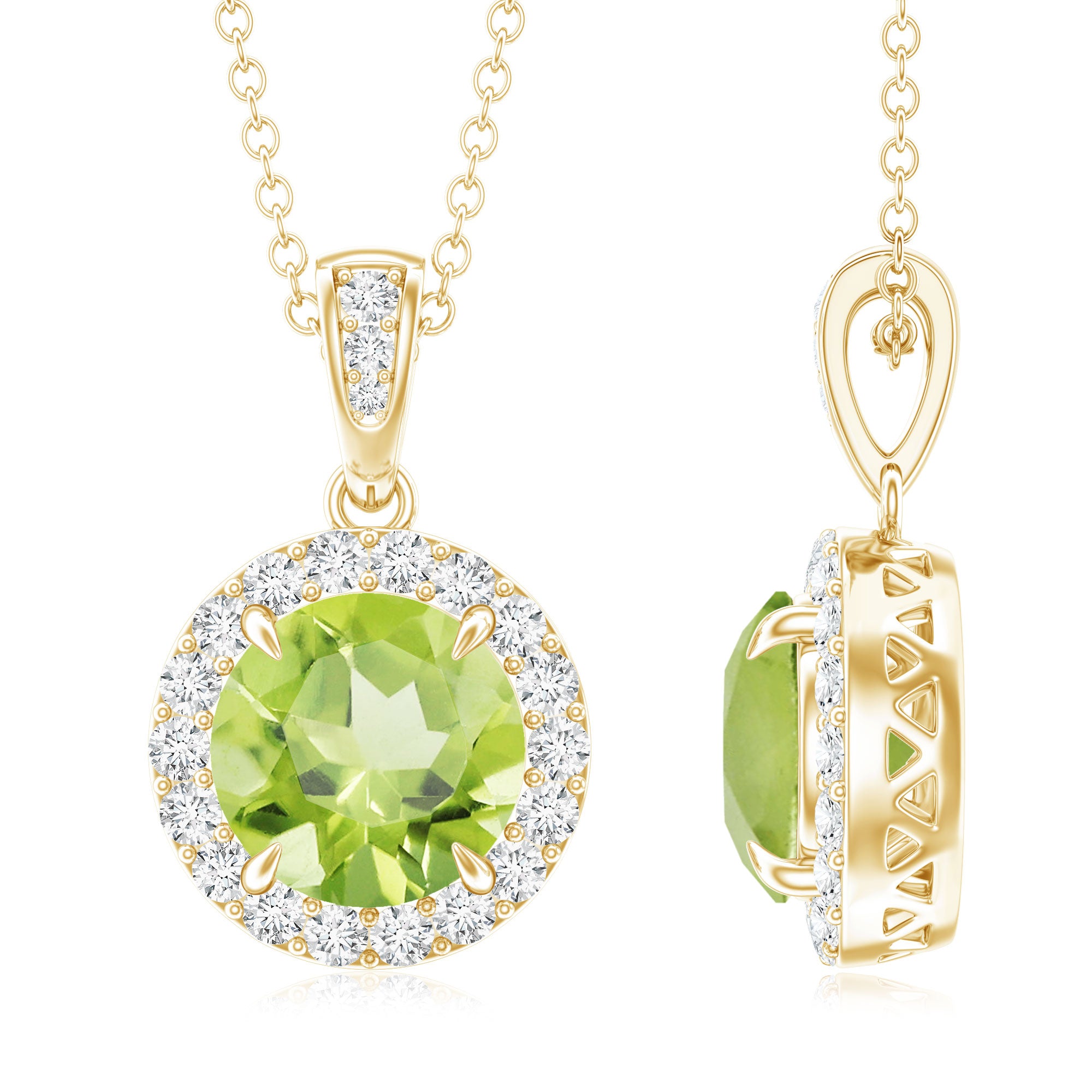 2 Carat Round Peridot and Diamond Halo Pendant Necklace AAA - Rosec Jewels