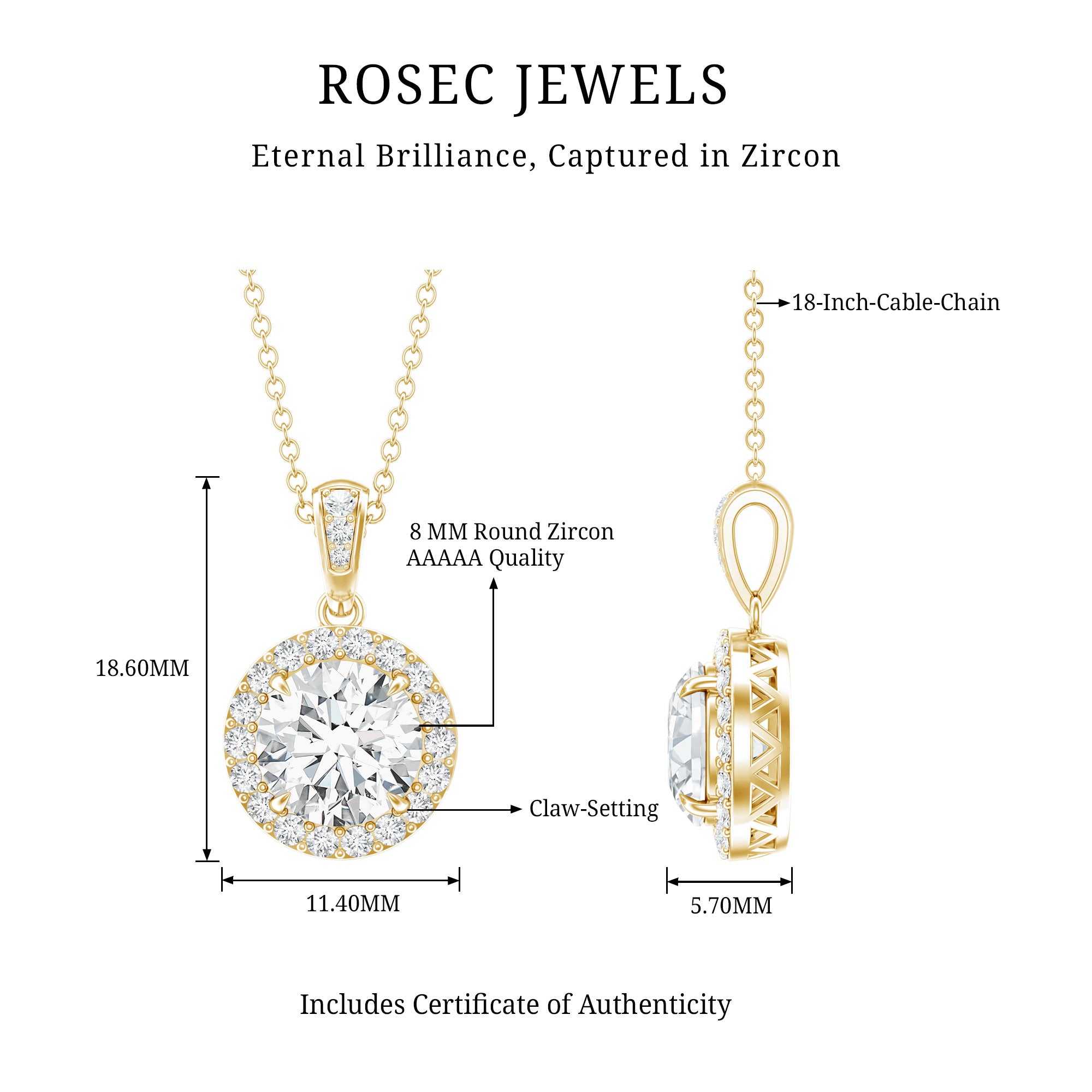 Round Cubic Zirconia Classic Halo Pendant AAAAA - Rosec Jewels