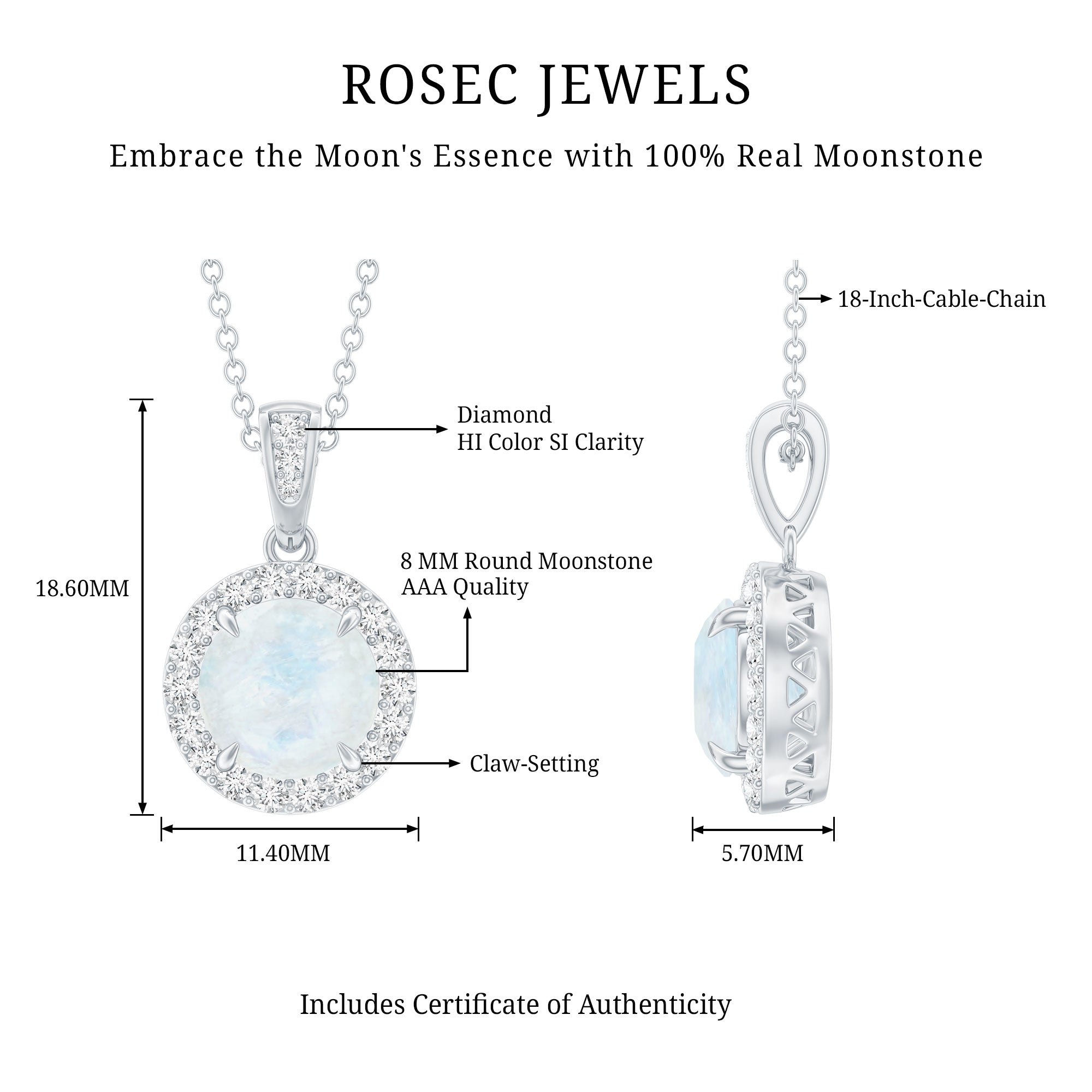 Claw Set 0.85 Carat Round Moonstone and Diamond Halo Pendant AAA - Rosec Jewels