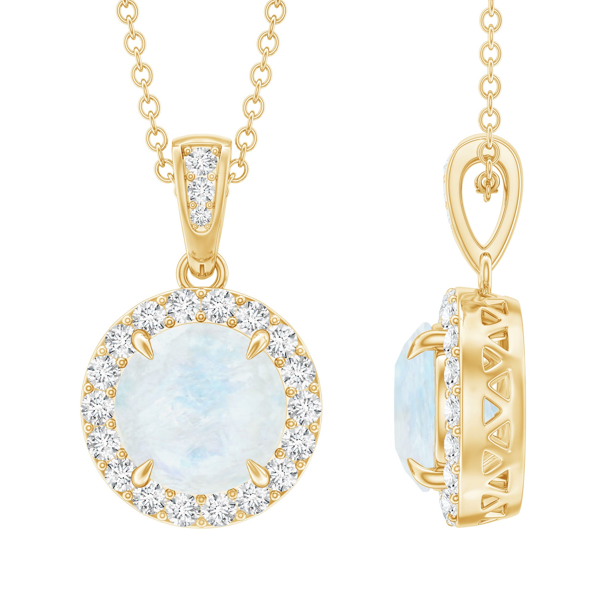 Claw Set 0.85 Carat Round Moonstone and Diamond Halo Pendant AAA - Rosec Jewels