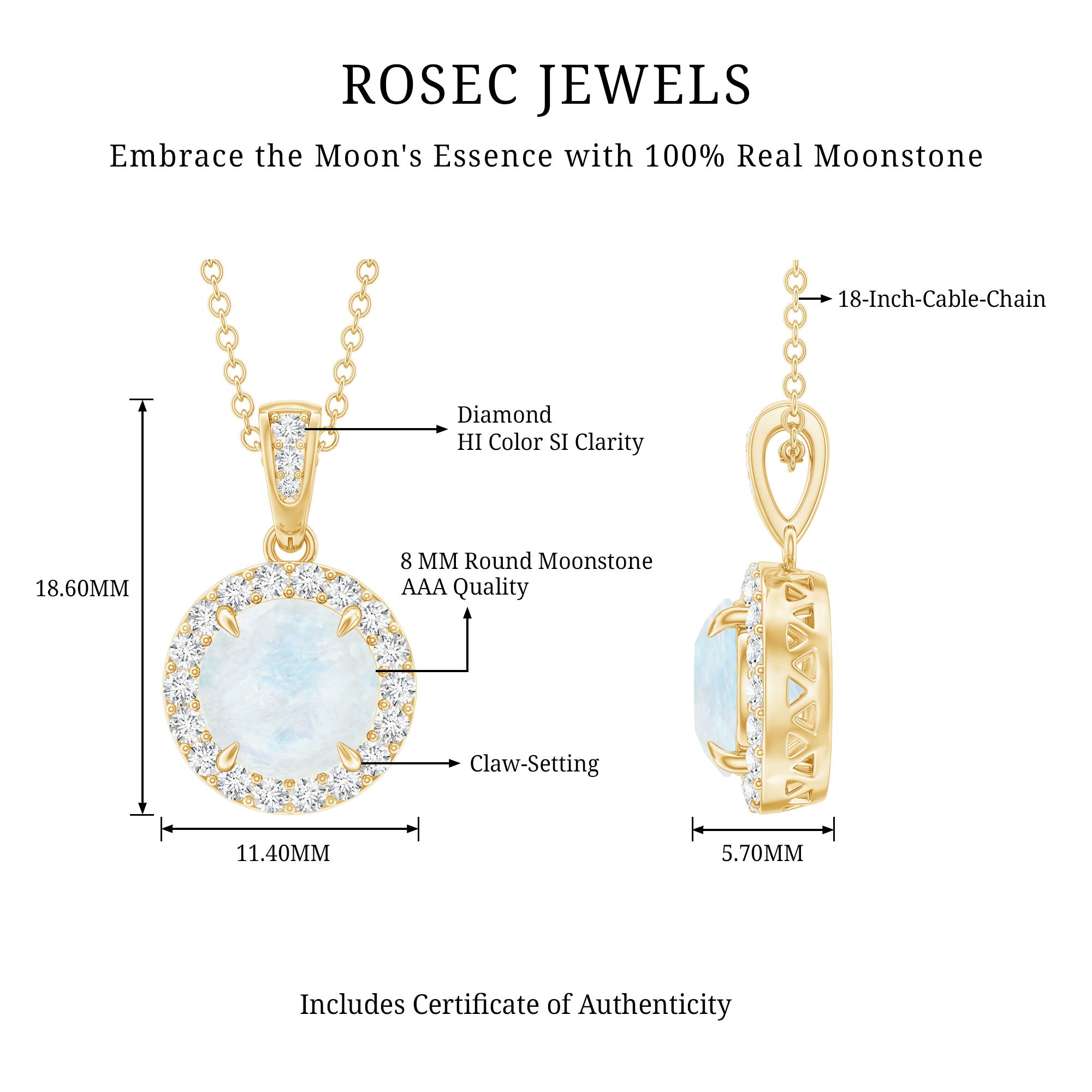 Claw Set 0.85 Carat Round Moonstone and Diamond Halo Pendant AAA - Rosec Jewels