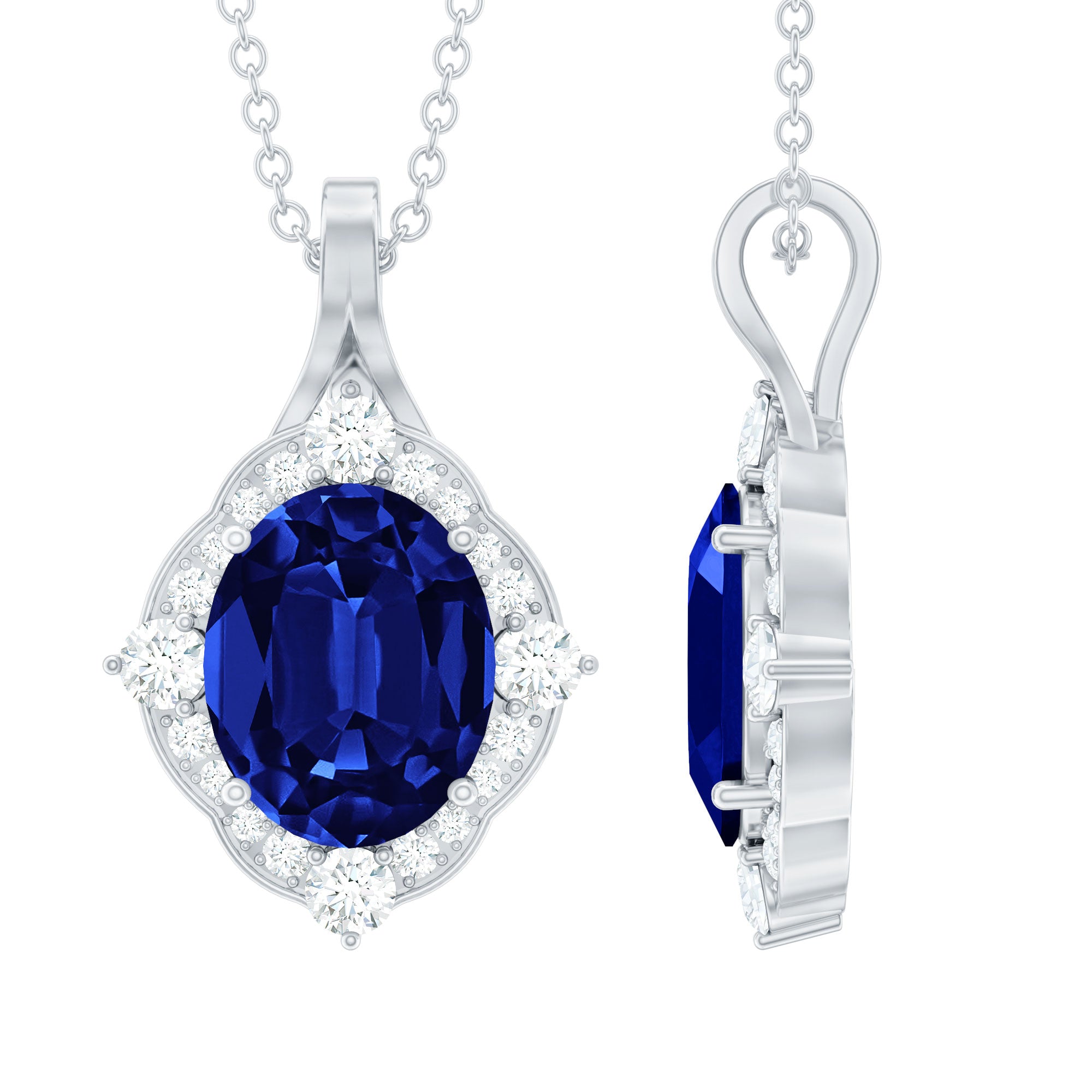 Lab Grown Blue Sapphire and Diamond Vintage Necklace AAAA - Rosec Jewels