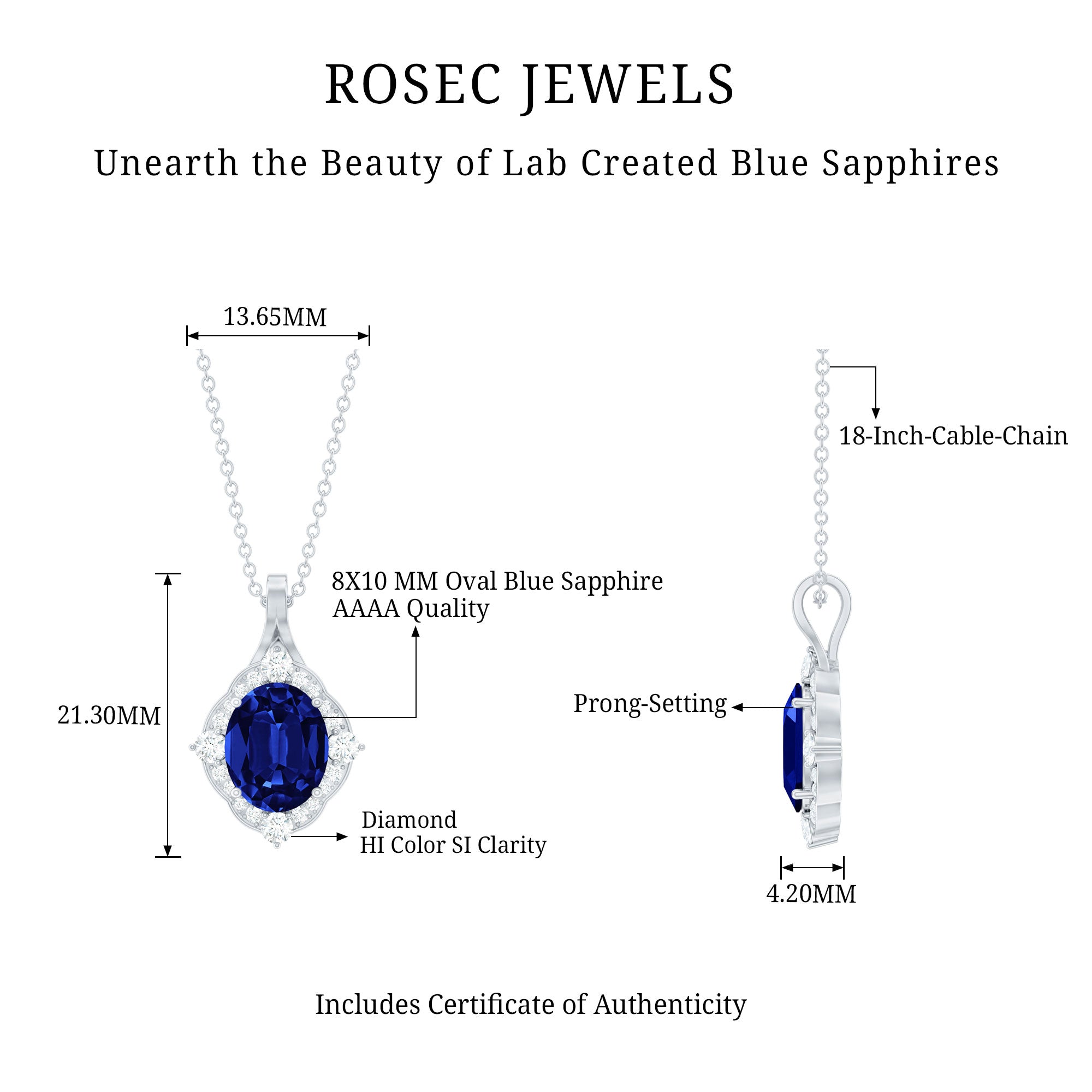 Lab Grown Blue Sapphire and Diamond Vintage Necklace AAAA - Rosec Jewels