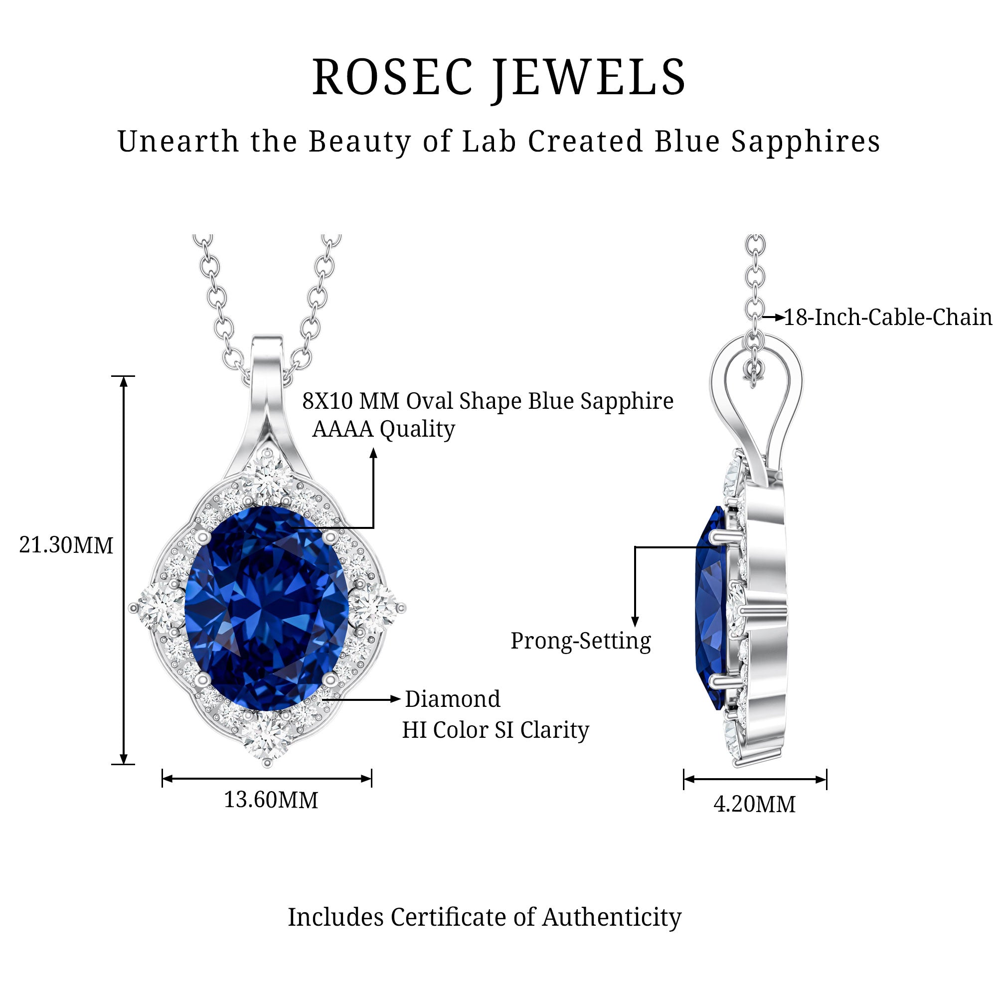 Lab Grown Blue Sapphire and Diamond Vintage Necklace AAAA - Rosec Jewels
