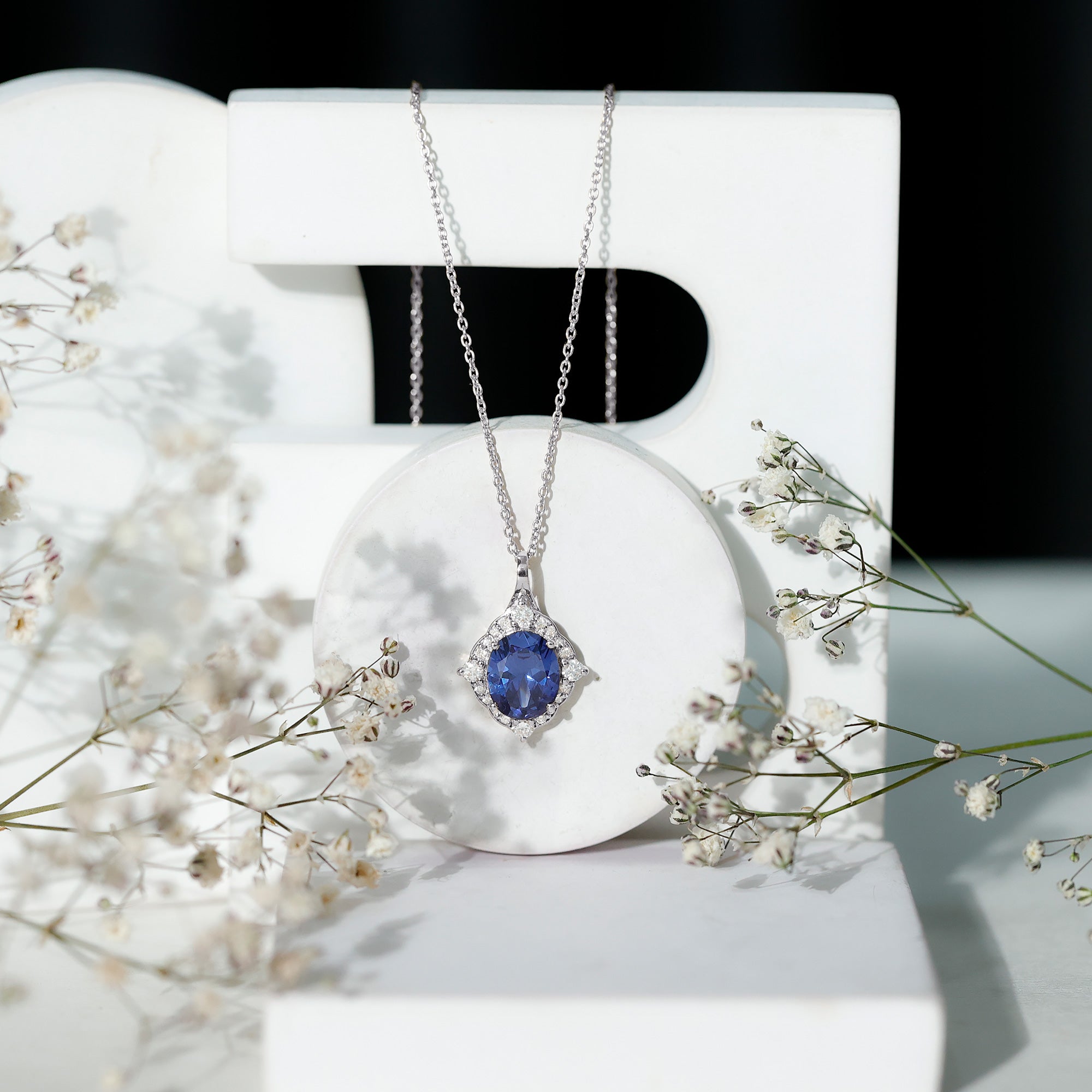 Lab Grown Blue Sapphire and Diamond Vintage Necklace AAAA - Rosec Jewels