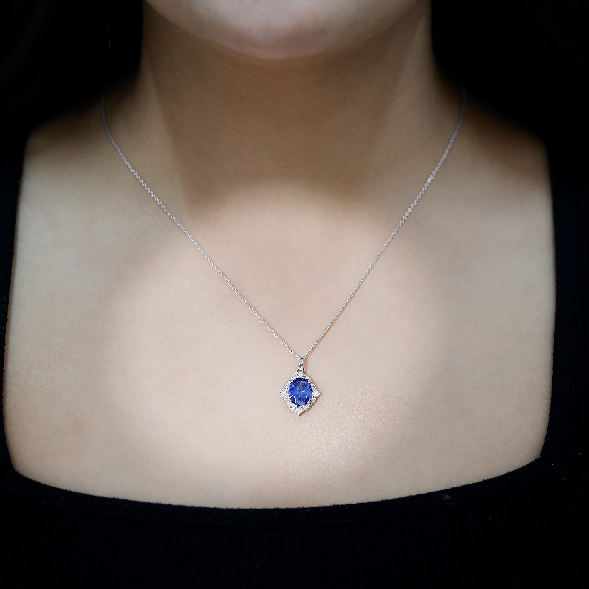 Lab Grown Blue Sapphire and Diamond Vintage Necklace AAAA - Rosec Jewels