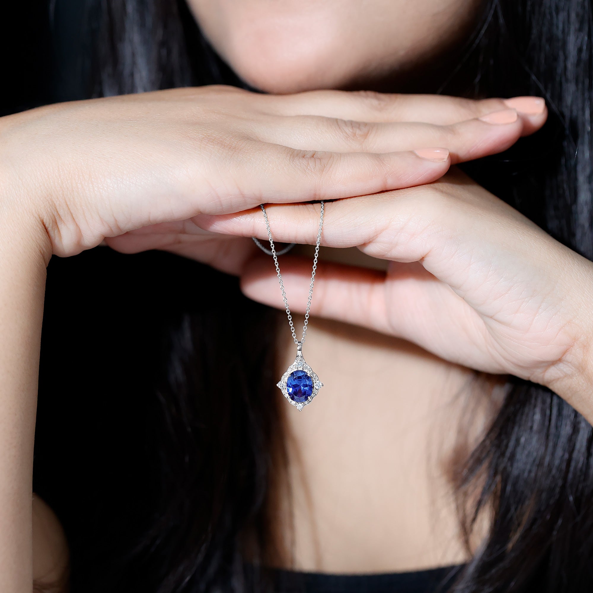 Lab Grown Blue Sapphire and Diamond Vintage Necklace AAAA - Rosec Jewels