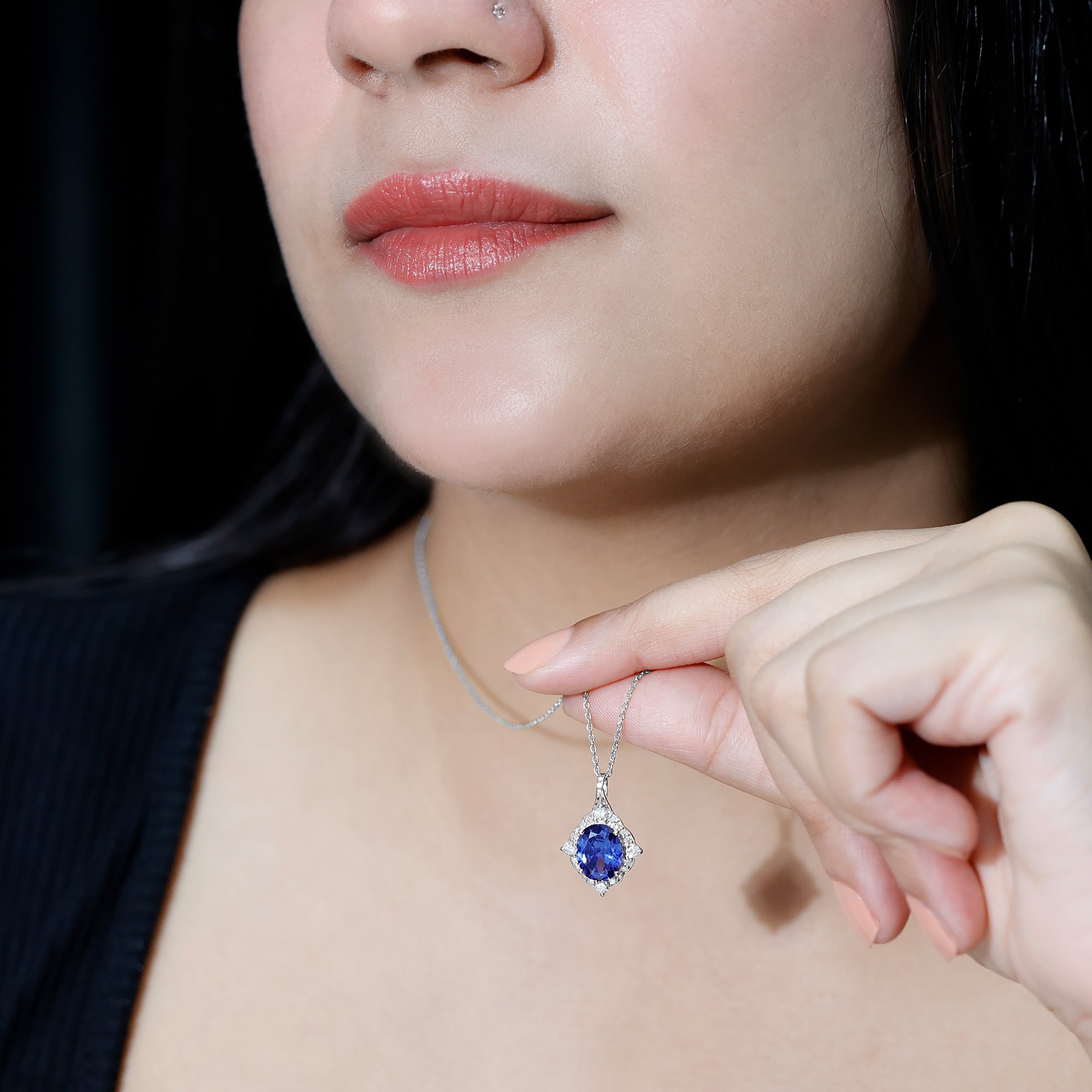 Lab Grown Blue Sapphire and Diamond Vintage Necklace AAAA - Rosec Jewels