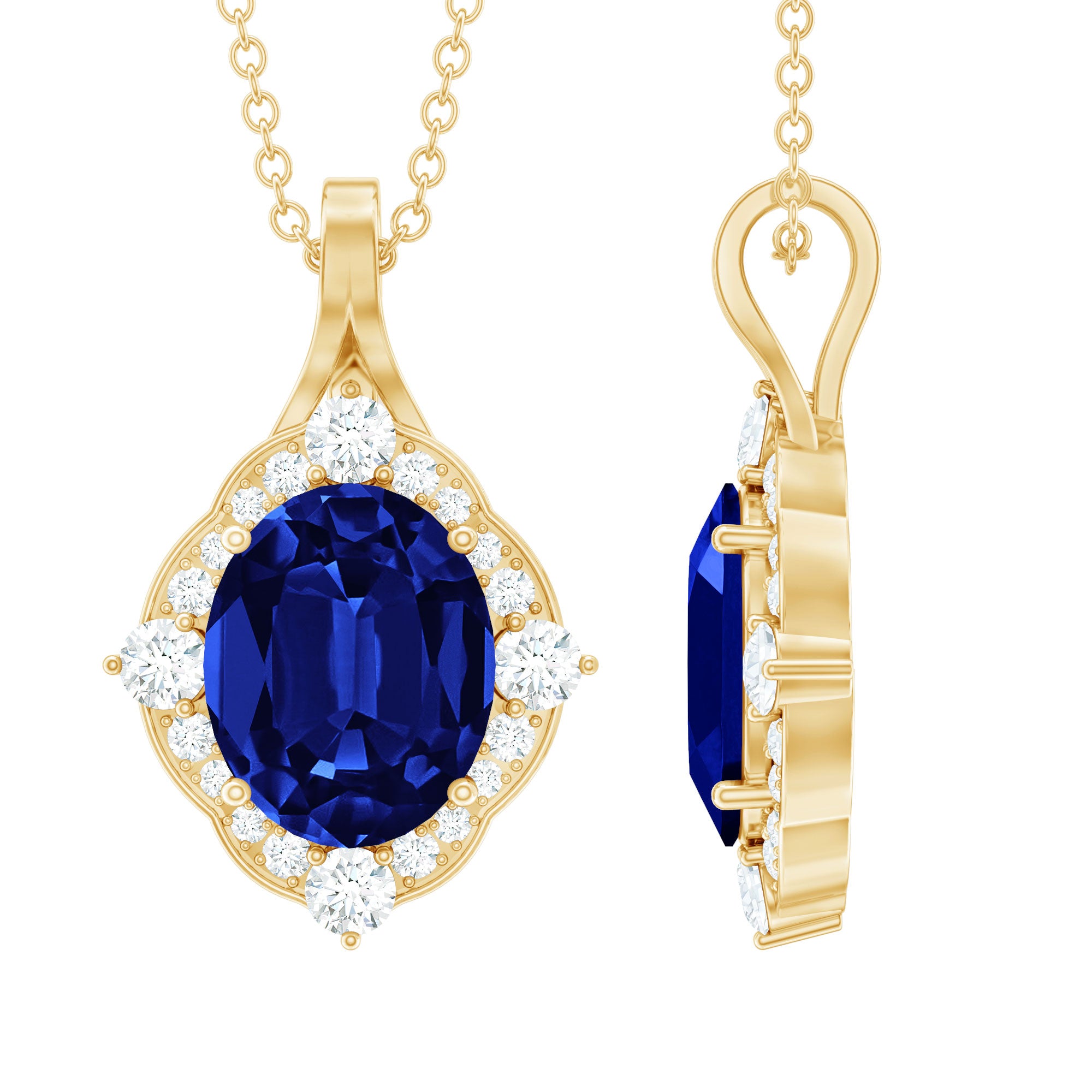 Lab Grown Blue Sapphire and Diamond Vintage Necklace AAAA - Rosec Jewels