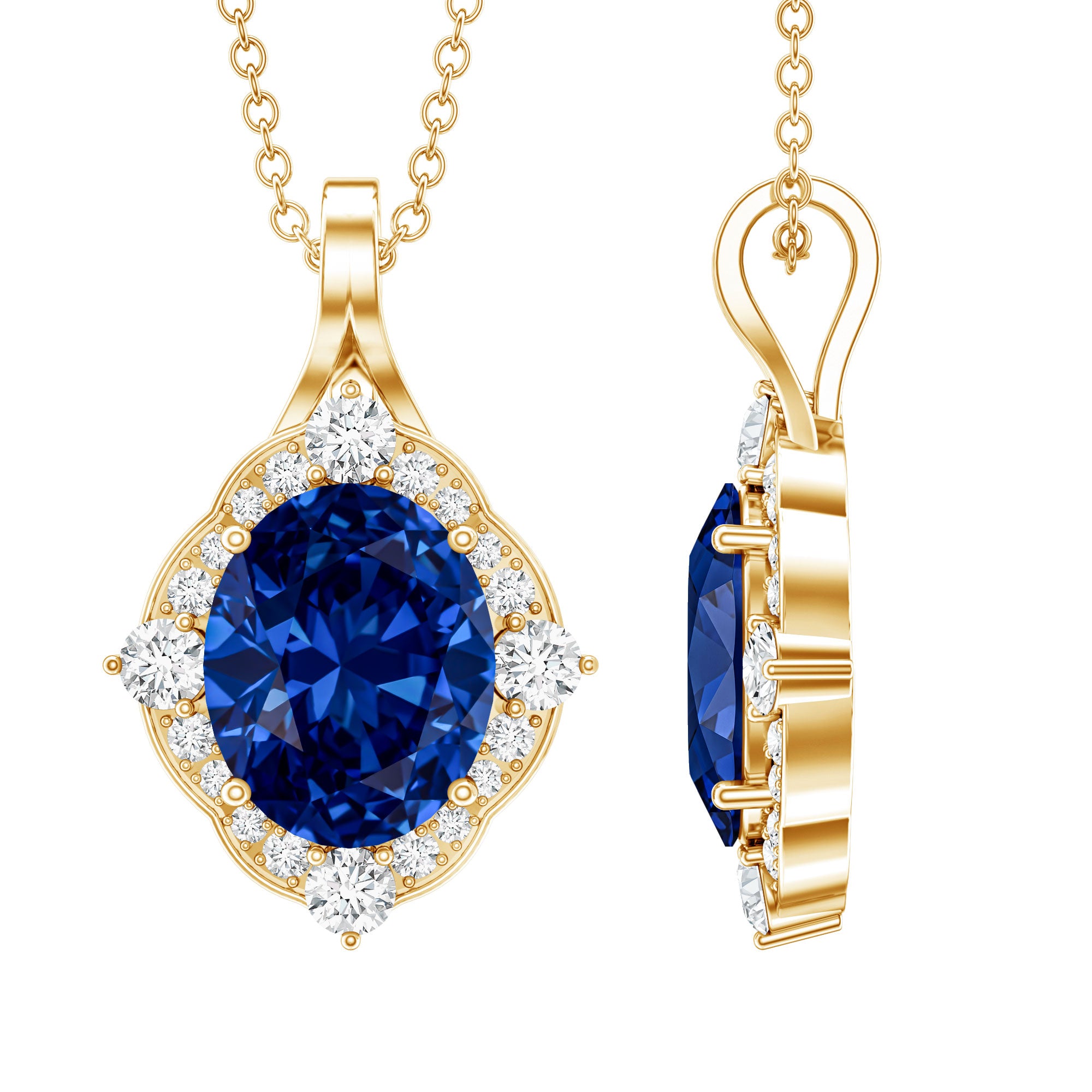 Lab Grown Blue Sapphire and Diamond Vintage Necklace AAAA - Rosec Jewels