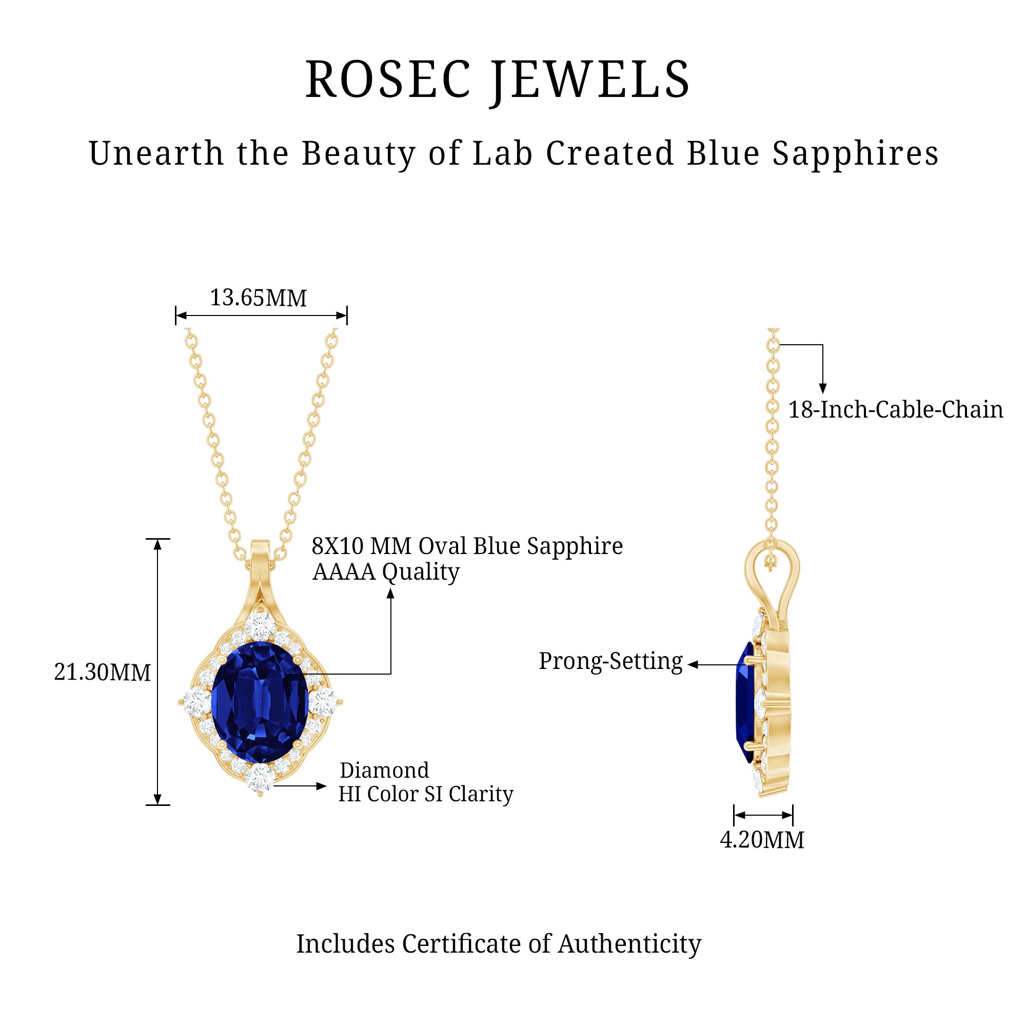 Lab Grown Blue Sapphire and Diamond Vintage Necklace AAAA - Rosec Jewels