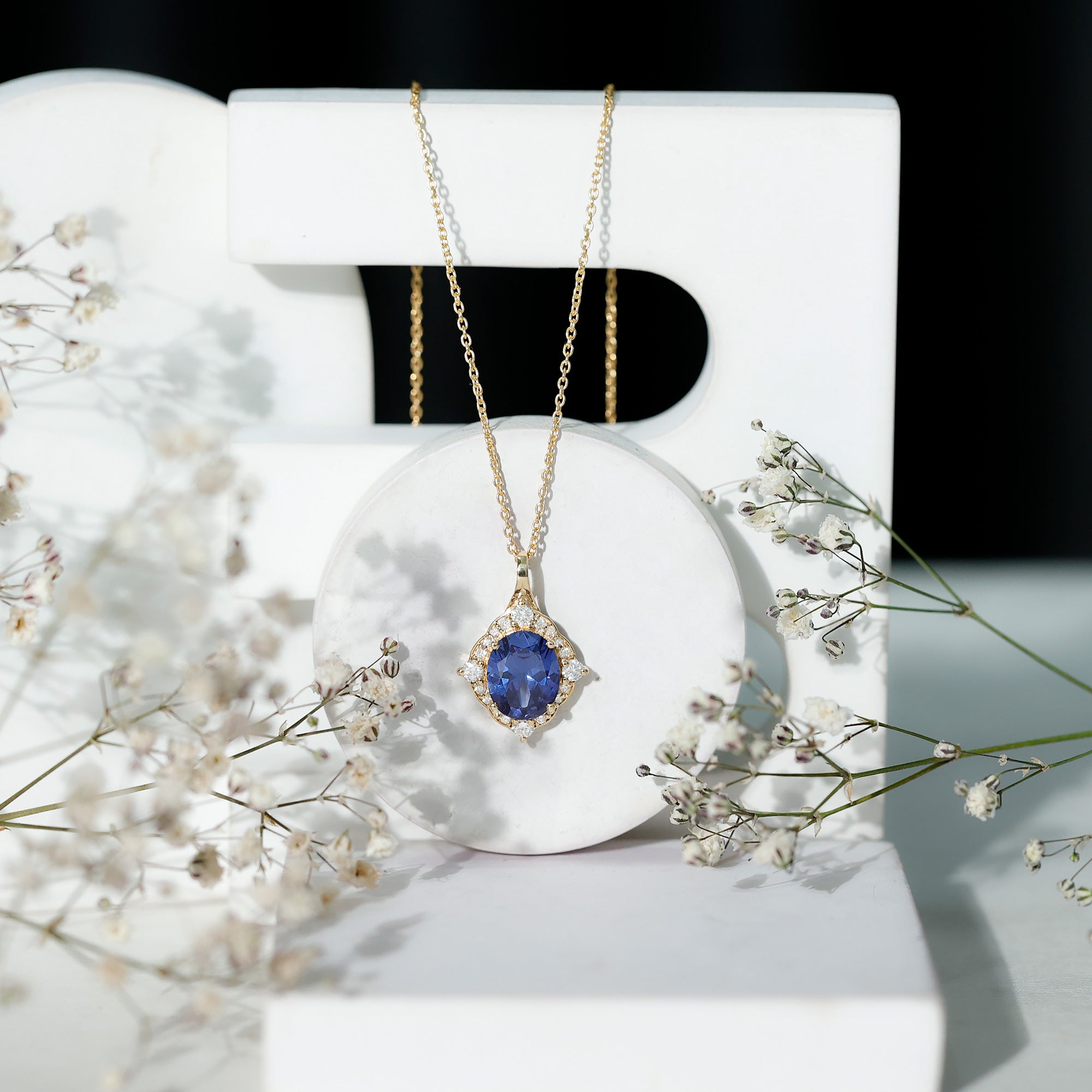 Lab Grown Blue Sapphire and Diamond Vintage Necklace AAAA - Rosec Jewels