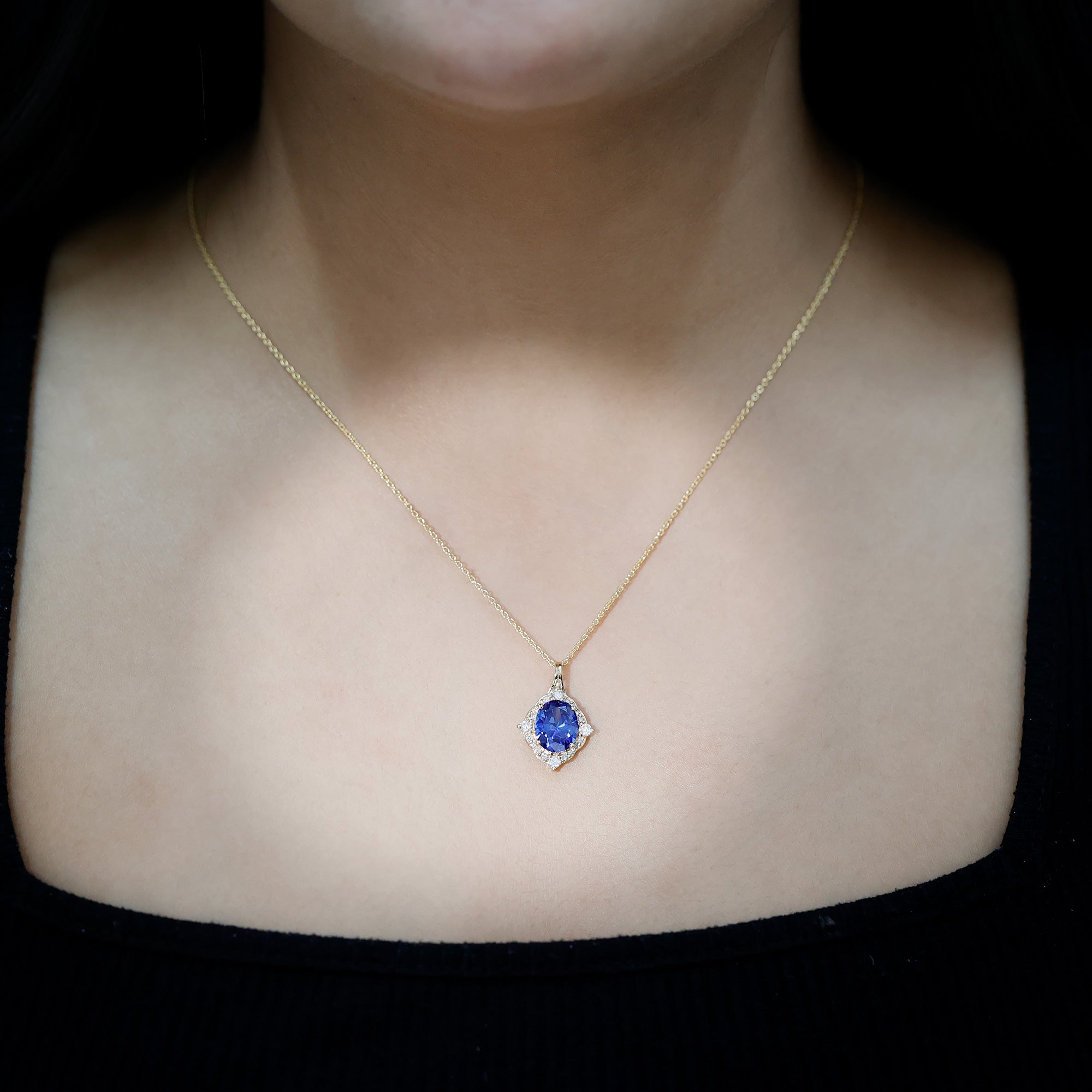 Lab Grown Blue Sapphire and Diamond Vintage Necklace AAAA - Rosec Jewels