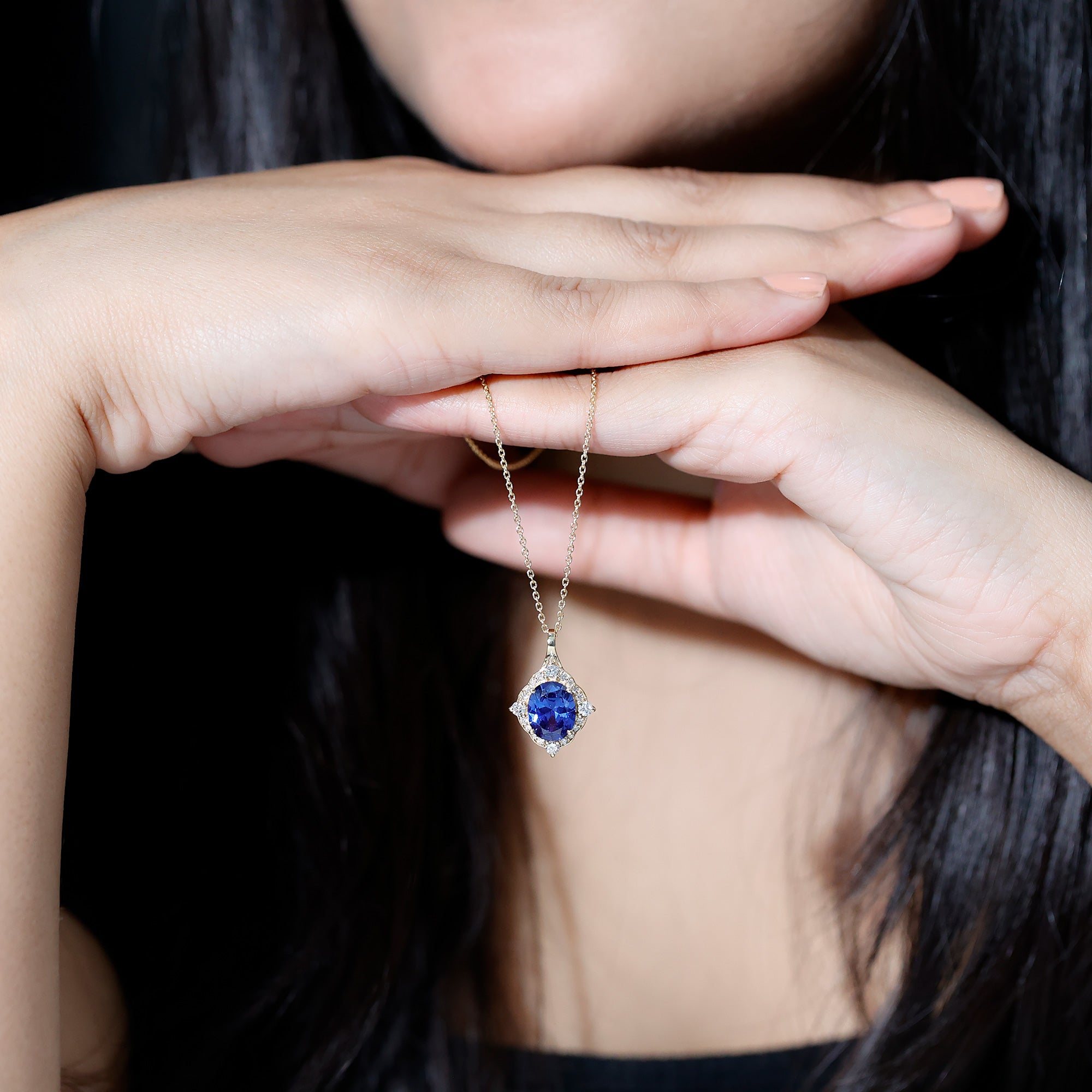 Lab Grown Blue Sapphire and Diamond Vintage Necklace AAAA - Rosec Jewels