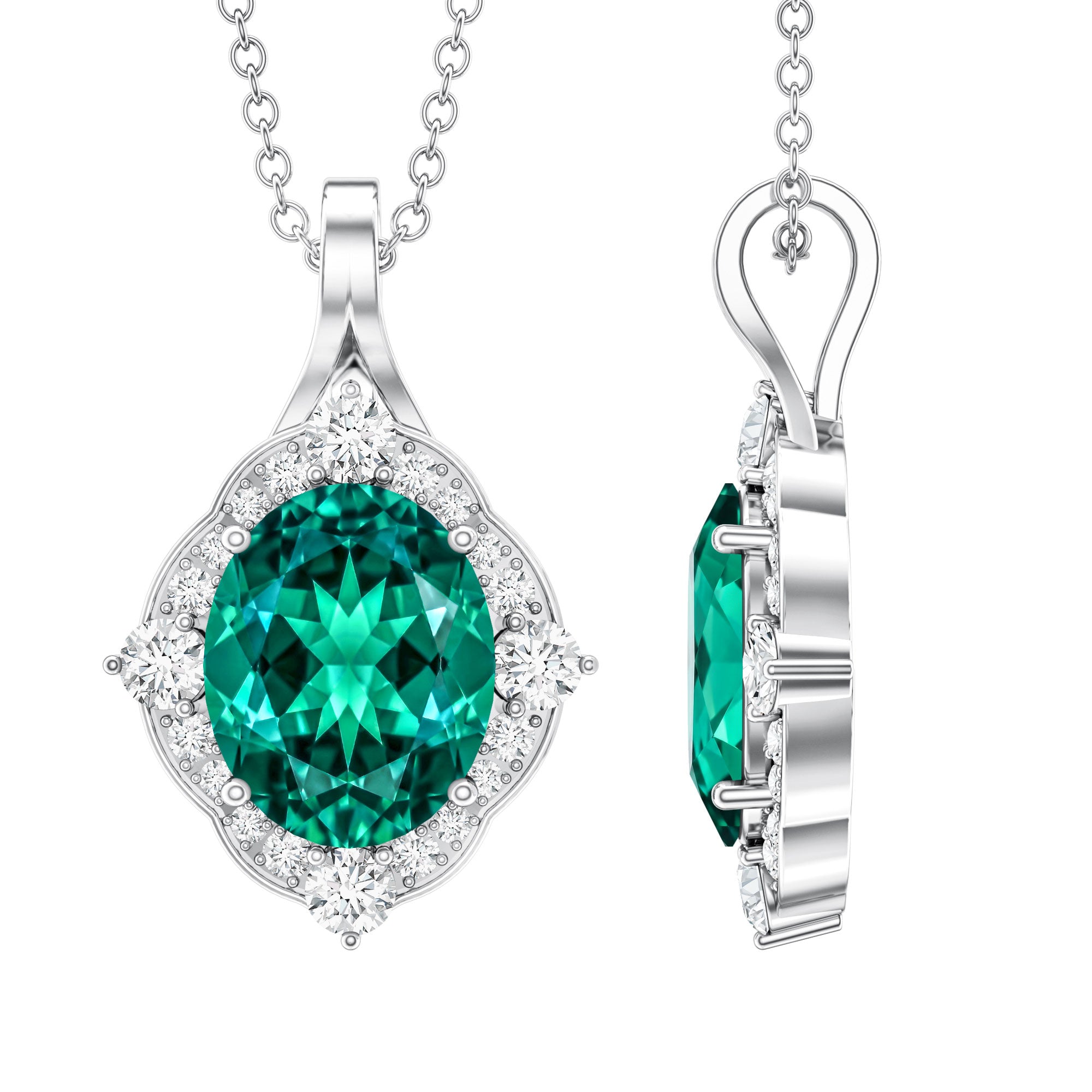 Certified 3 Carat Oval Lab Emerald and Diamond Vintage Necklace AAAA - Rosec Jewels