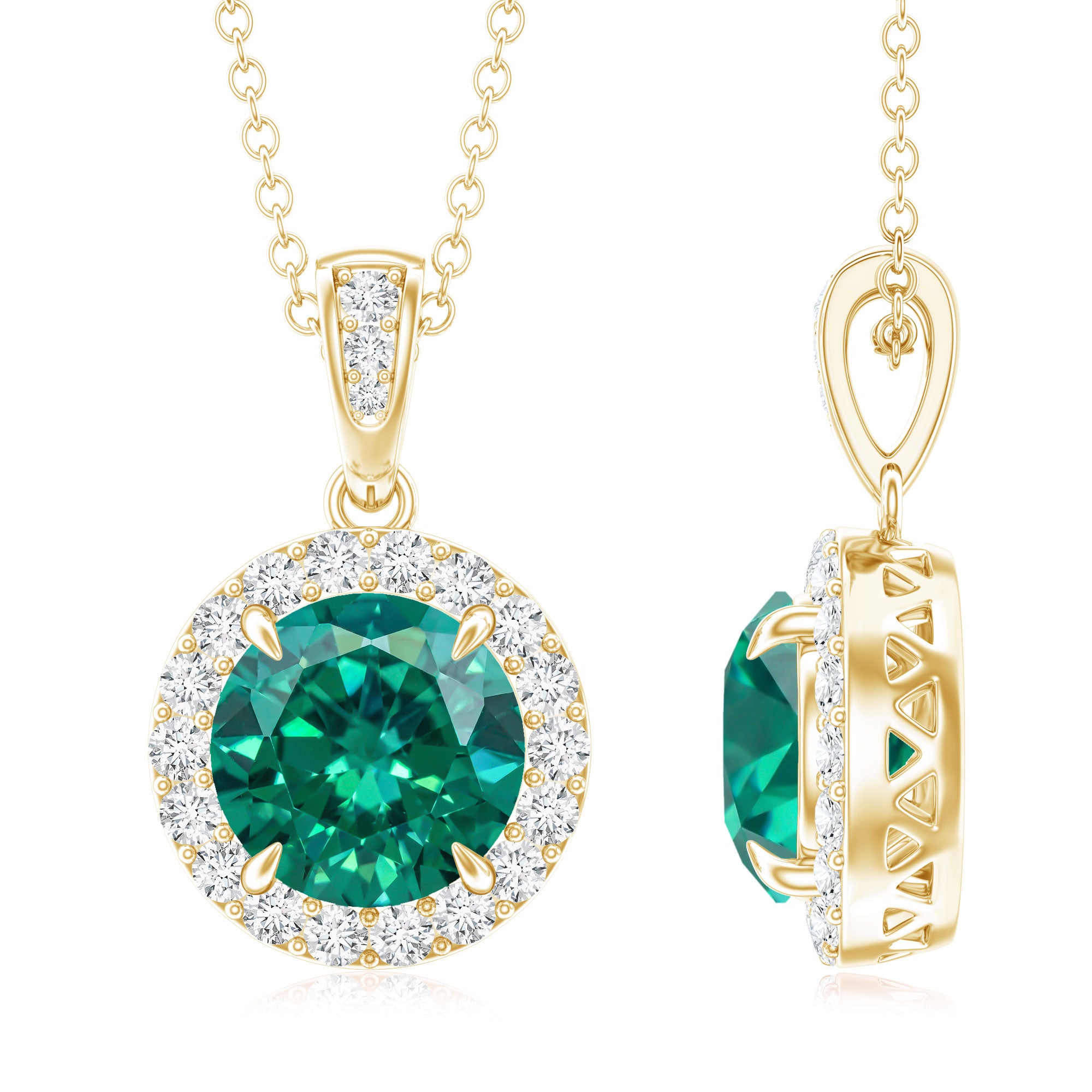 2 Carat Round Cut Lab Grown Emerald and Diamond Halo Necklace AAAA - Rosec Jewels