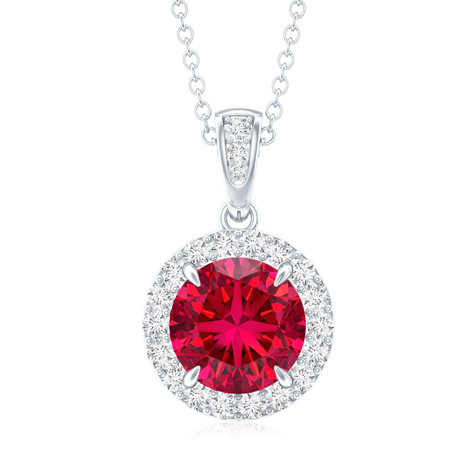 2.3 Carat Round Lab Created Ruby and Diamond Halo Pendant Necklace AAAA - Rosec Jewels