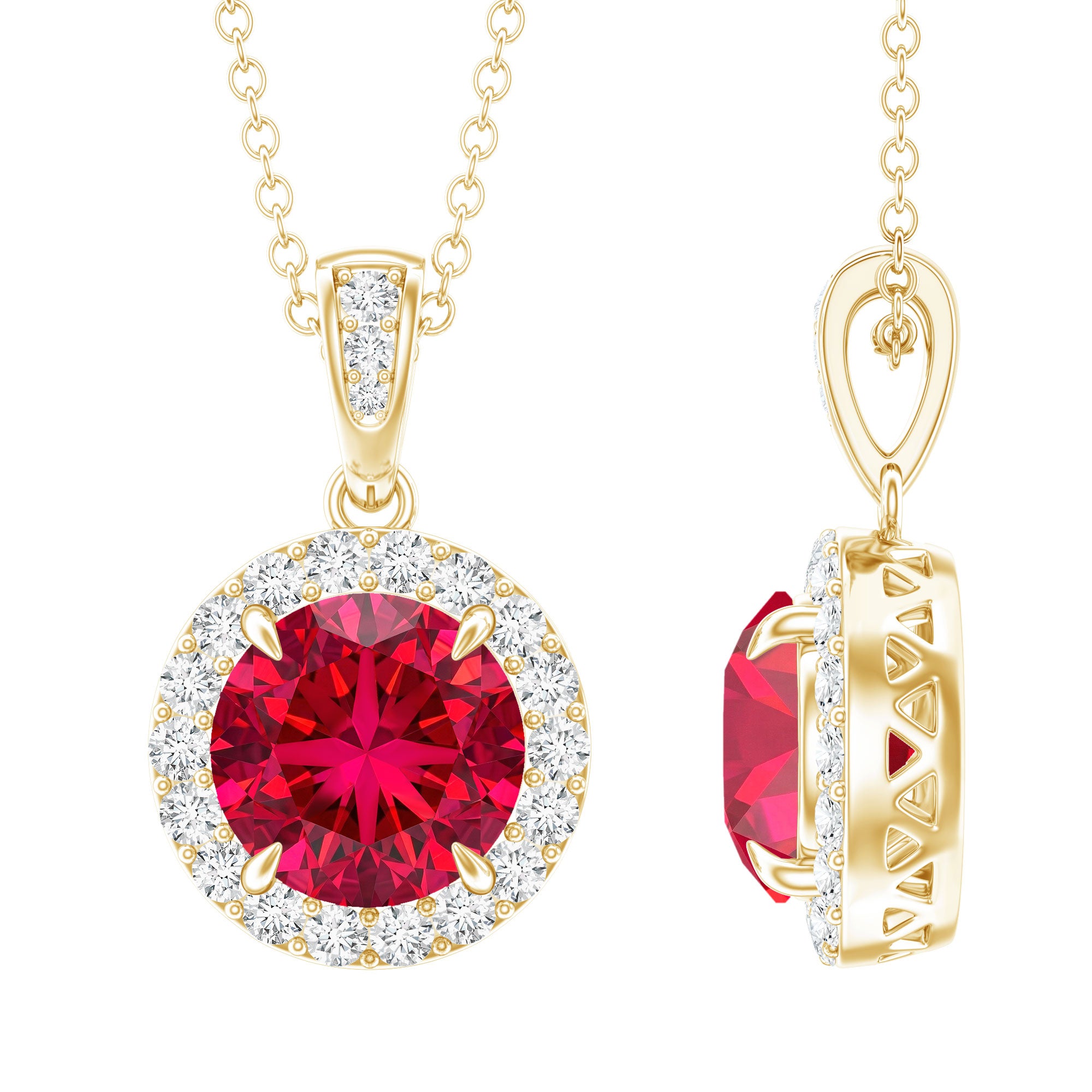2.3 Carat Round Lab Created Ruby and Diamond Halo Pendant Necklace AAAA - Rosec Jewels