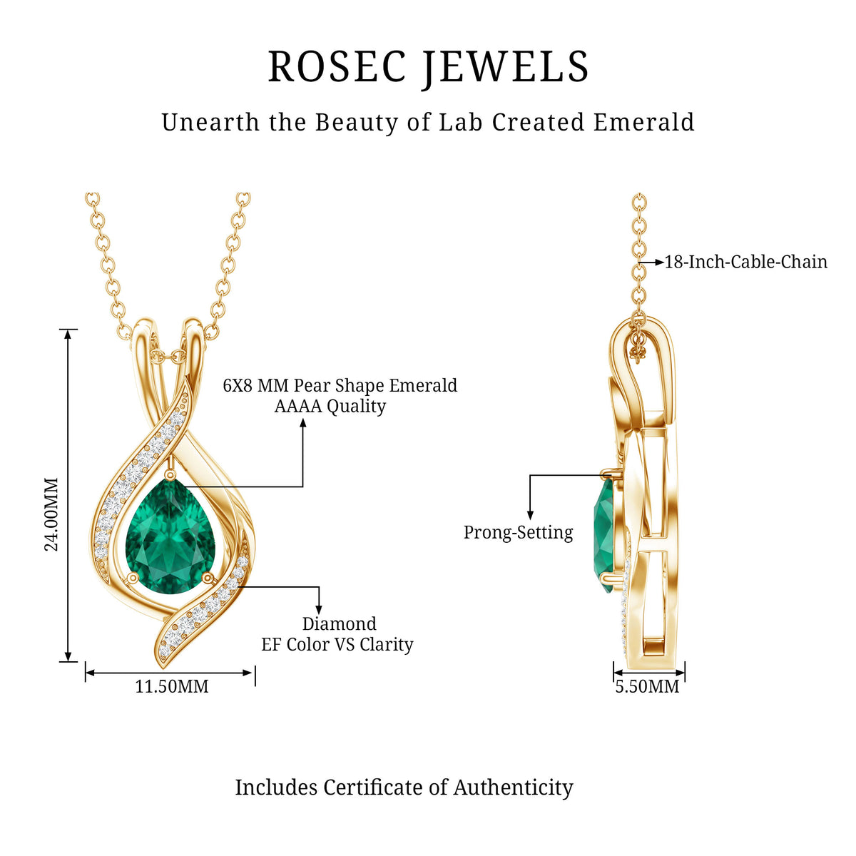 1 Carat Pear Cut Lab Created Emerald Teardrop Pendant with Diamond AAAA - Rosec Jewels
