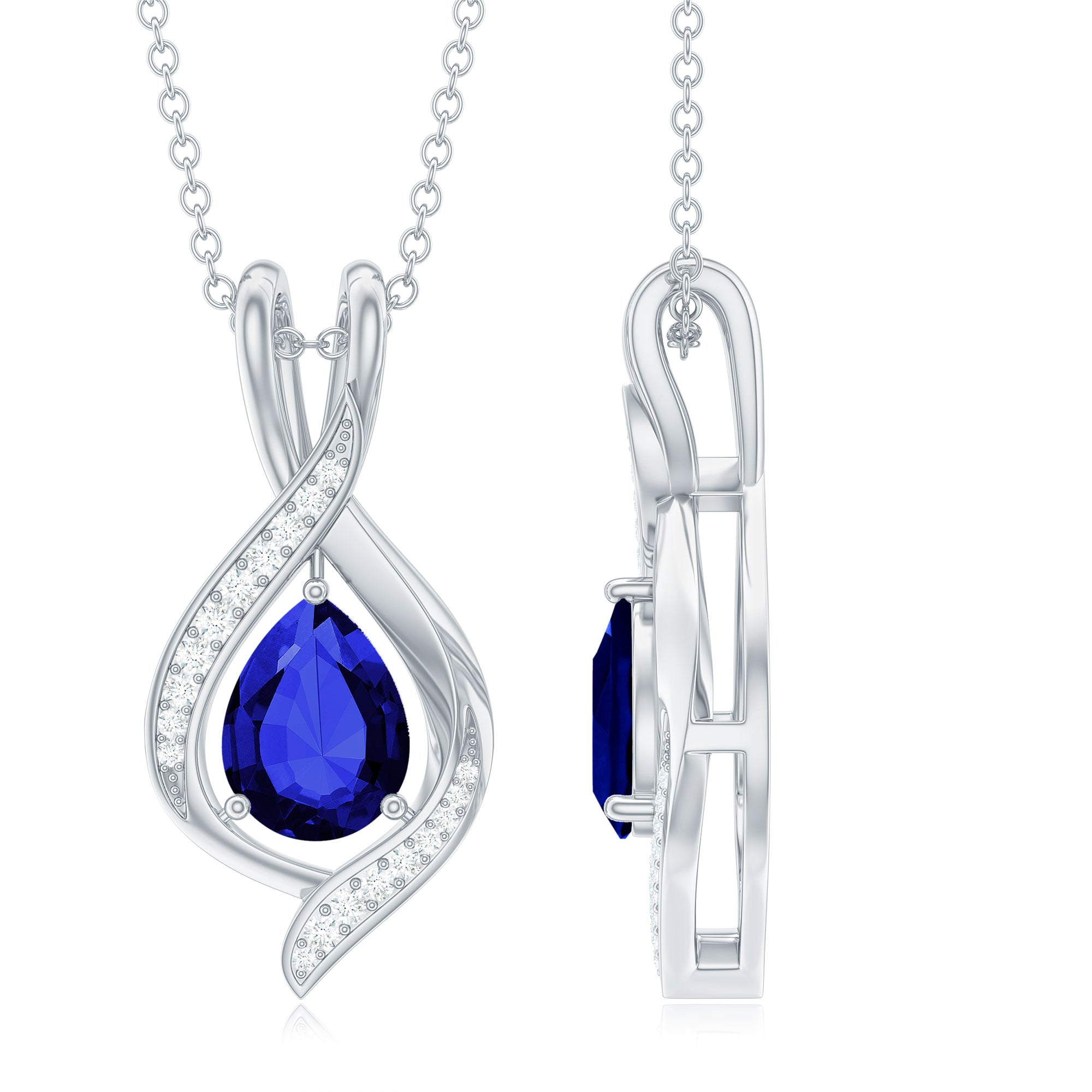 Minimal Created Blue Sapphire Silver Teardrop Pendant with Moissanite - Rosec Jewels