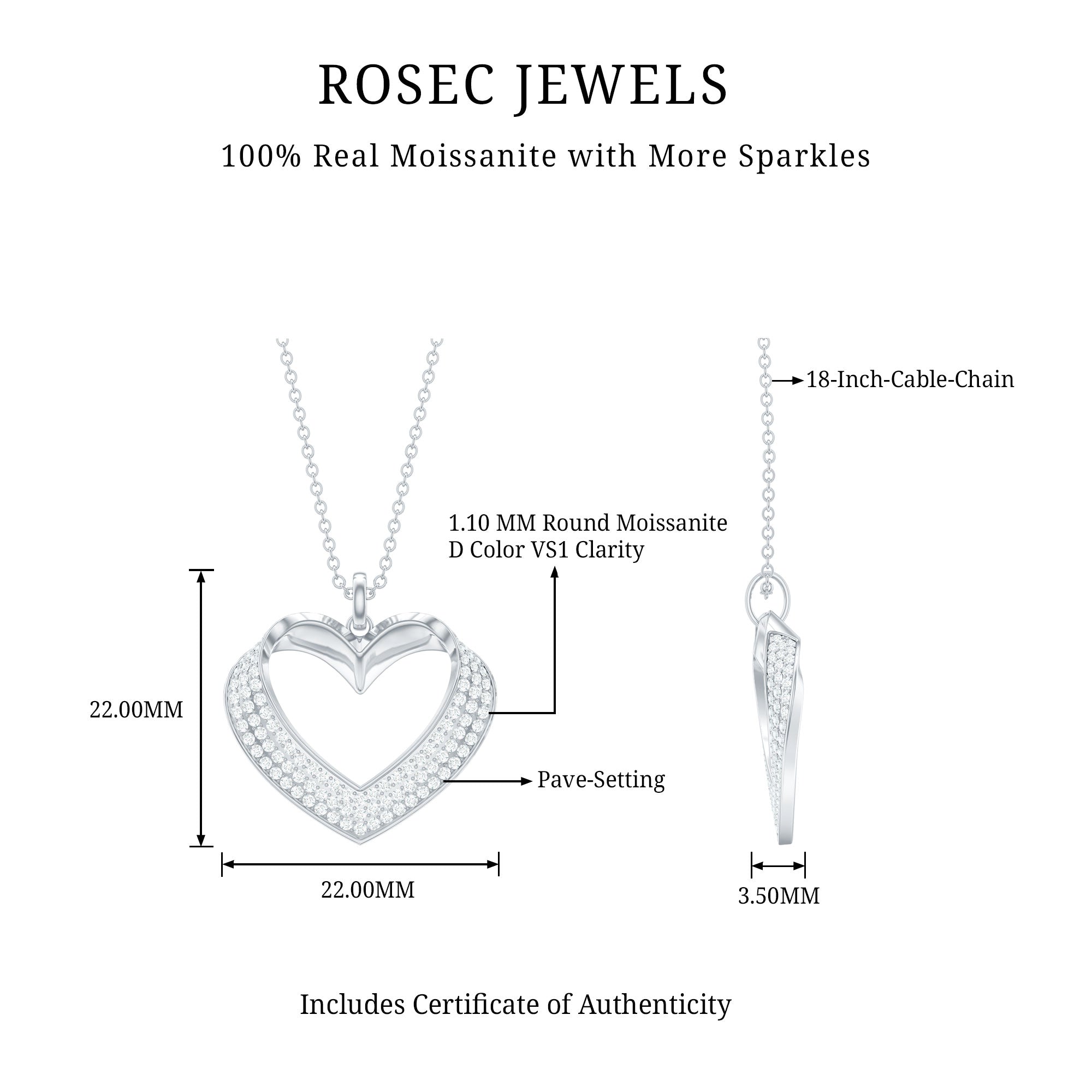 Certified Moissanite Heart Bridal Necklace With Chain D-VS1 - Rosec Jewels