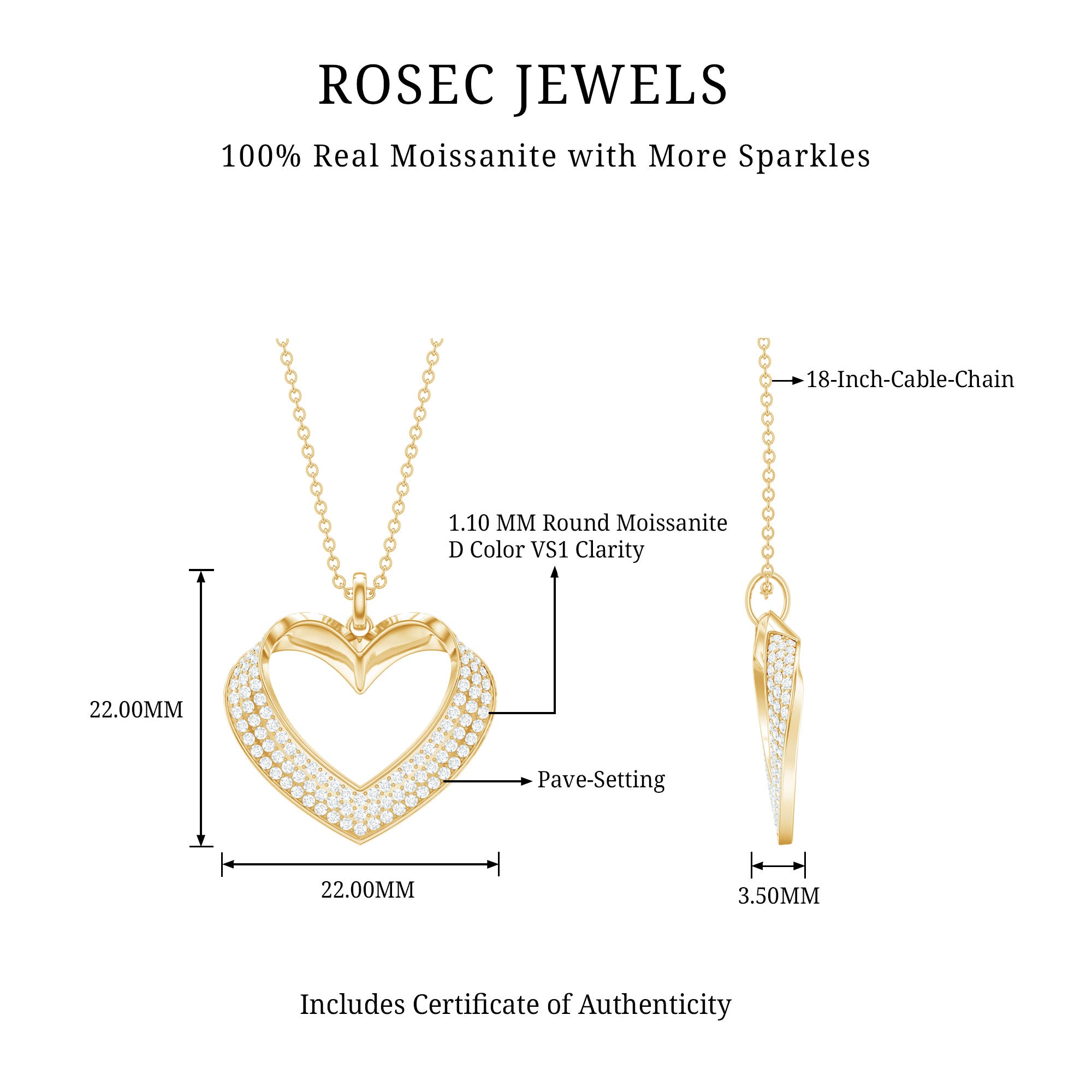 Certified Moissanite Heart Bridal Necklace With Chain D-VS1 - Rosec Jewels