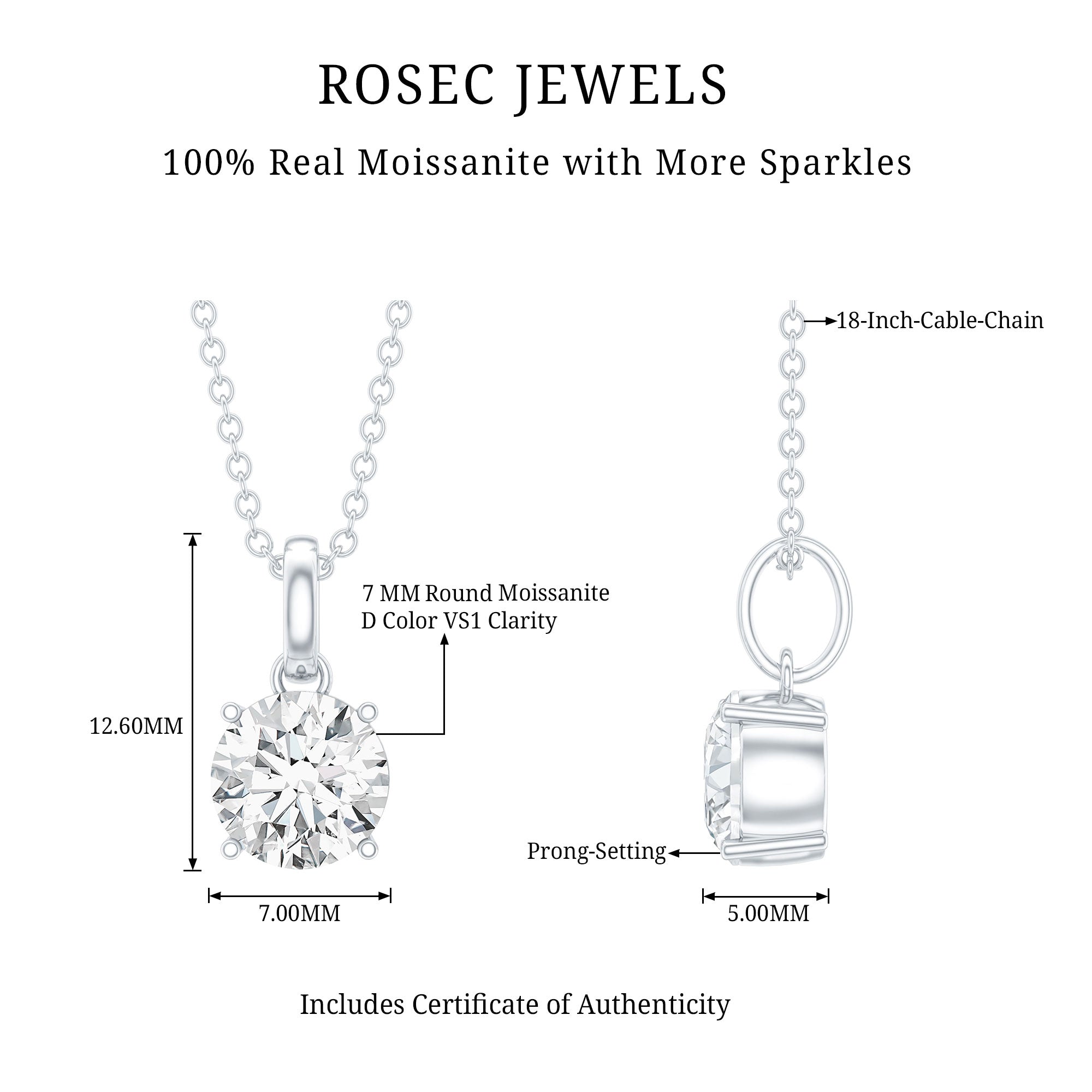 1.36 Carat Round Moissanite Solitaire Pendant Necklace in Prong Setting D-VS1 - Rosec Jewels
