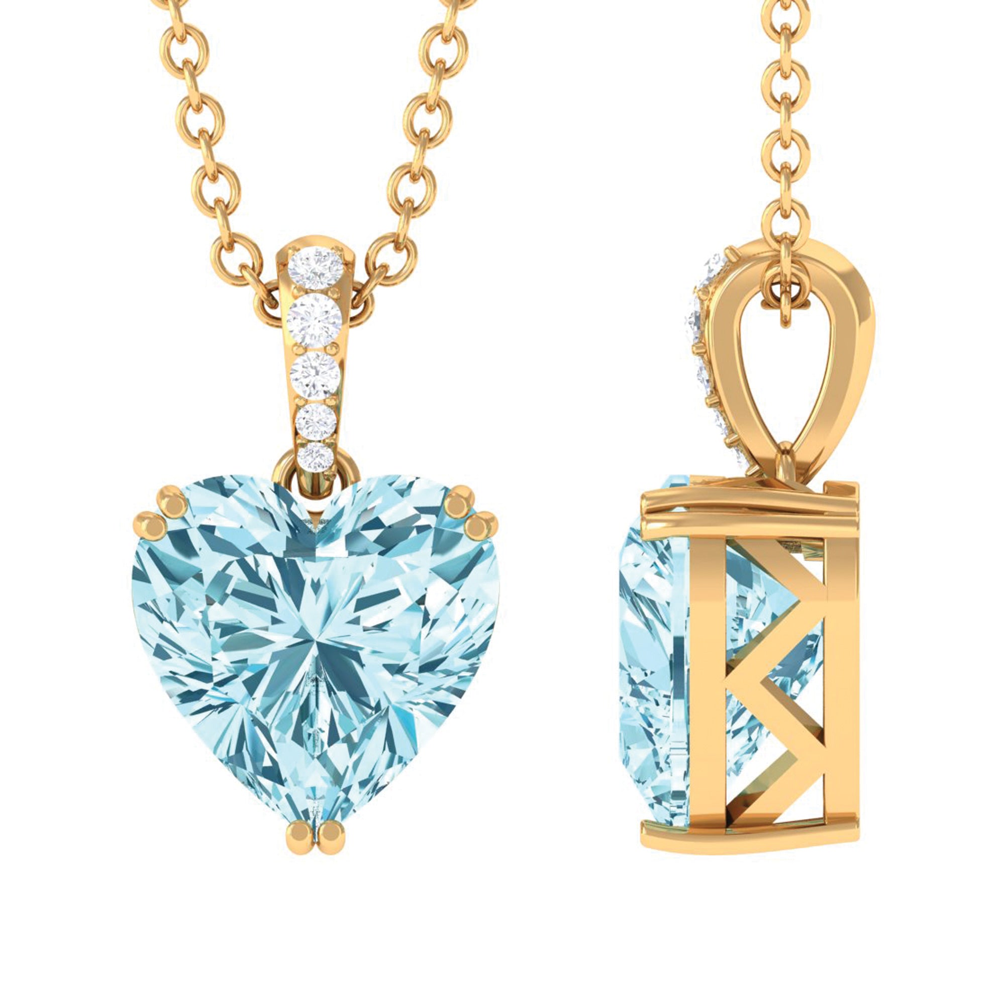 8X8 MM Heart Shape Aquamarine Pendant in Double Prong Setting with Diamond Accent Bail Aquamarine - ( AAA ) - Quality - Rosec Jewels